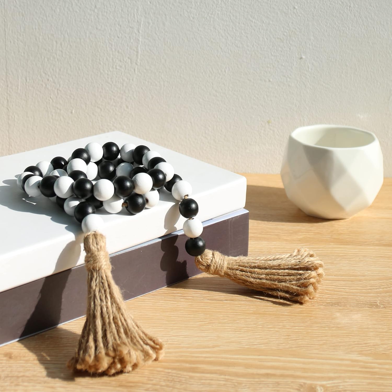 Wood Bead Garland,39in Farmhouse Beads with Tassels Boho Beads for Tiered Tray Decorative Beads Home Decor