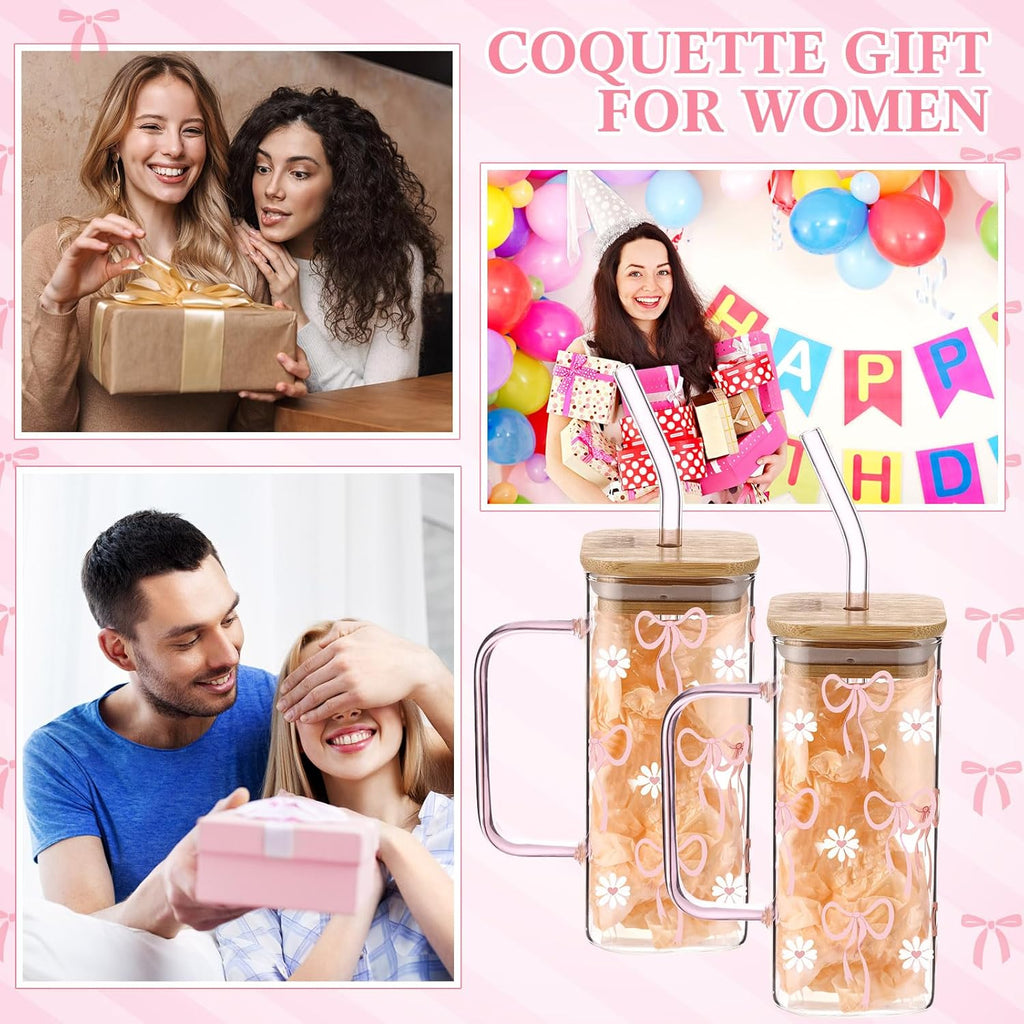Coquette Pink Bow Glass Cup with Bamboo Lid and Straw for Women, 13. 5oz Coquette Aesthtic Drinking Tumbler Bow Square Cup with Handle