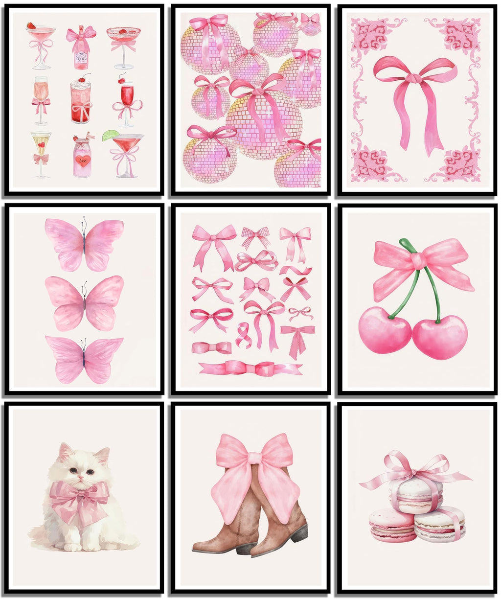 Pink Bows Canvas Wall Art Trendy Coquette Bow Cute Cat Wall Decor