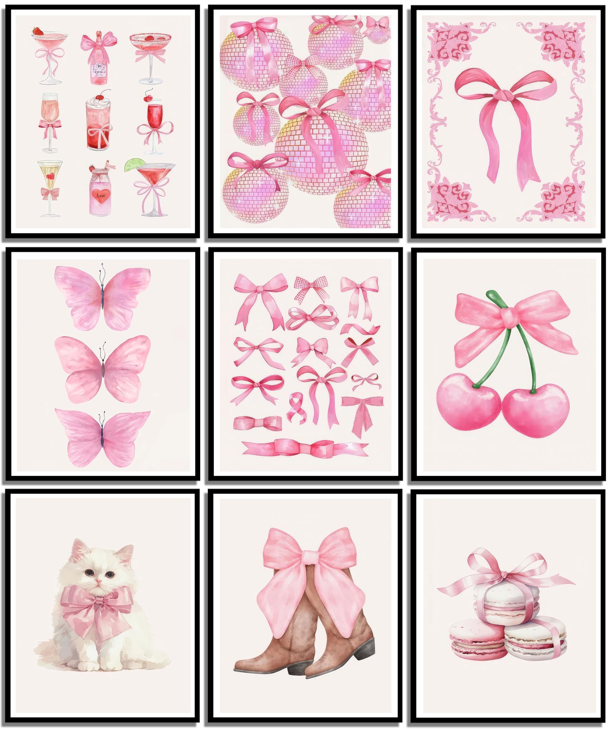 Pink Bows Canvas Wall Art Trendy Coquette Bow Cute Cat Wall Decor