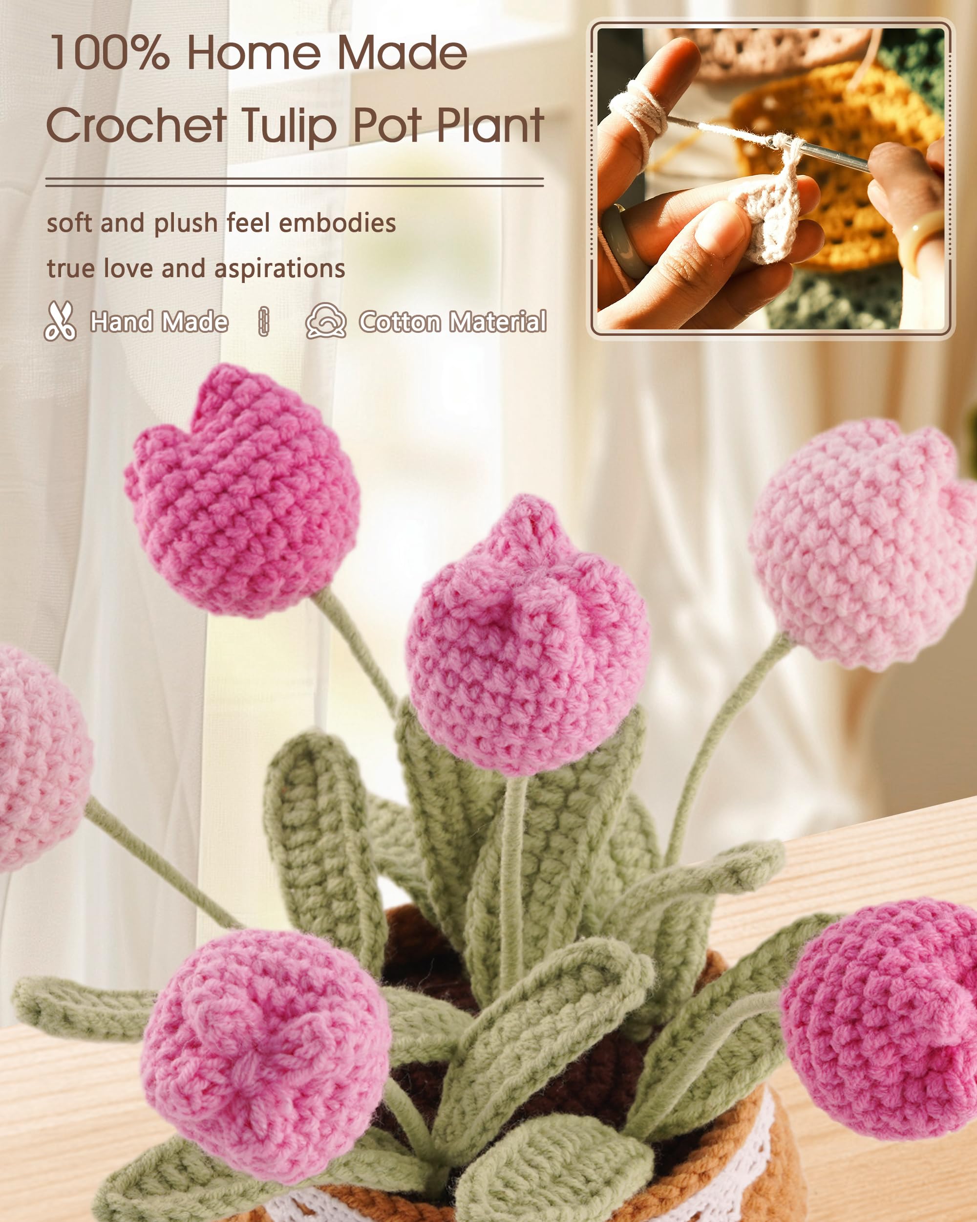 Crochet Tulip Potted Plant - Handmade Cotton Knitted Artificial Flowers, 6 Tulips Pot Plant with Bendable Leaves