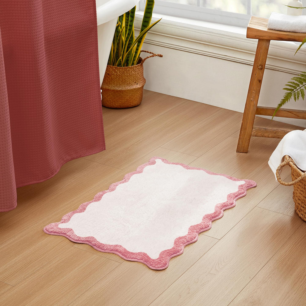 Wavy Bath Mat with Scalloped Ripple Design, Microfiber Absorbent Non Slip Tufted Rug