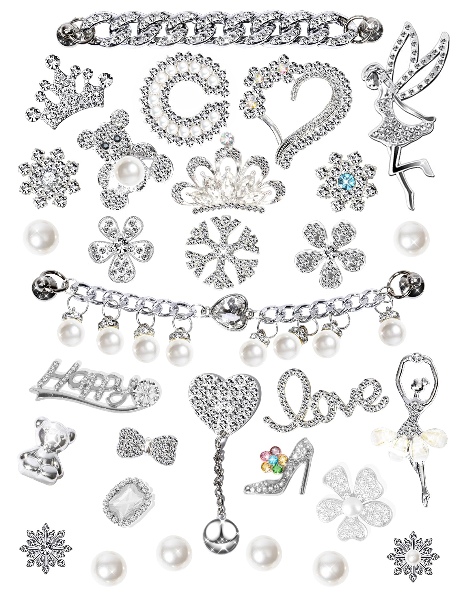 Girls 30 PCS Bling Shoe Charms, Luxury Rhinestone Jewelry Shoe Decoration and Chain for Clog Sandals Accessories