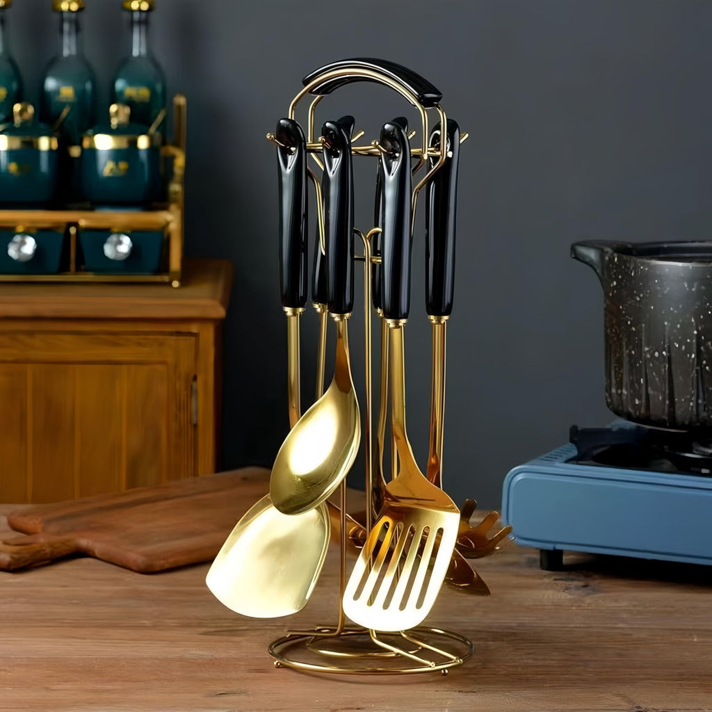 Gold Kitchen Utensils, 7pieces Gold Cooking Utensils Set, Kitchen Tools Set With Utensil Holder, Gold Kitchen Accessories, Dishwasher Safe, Easy To Clean