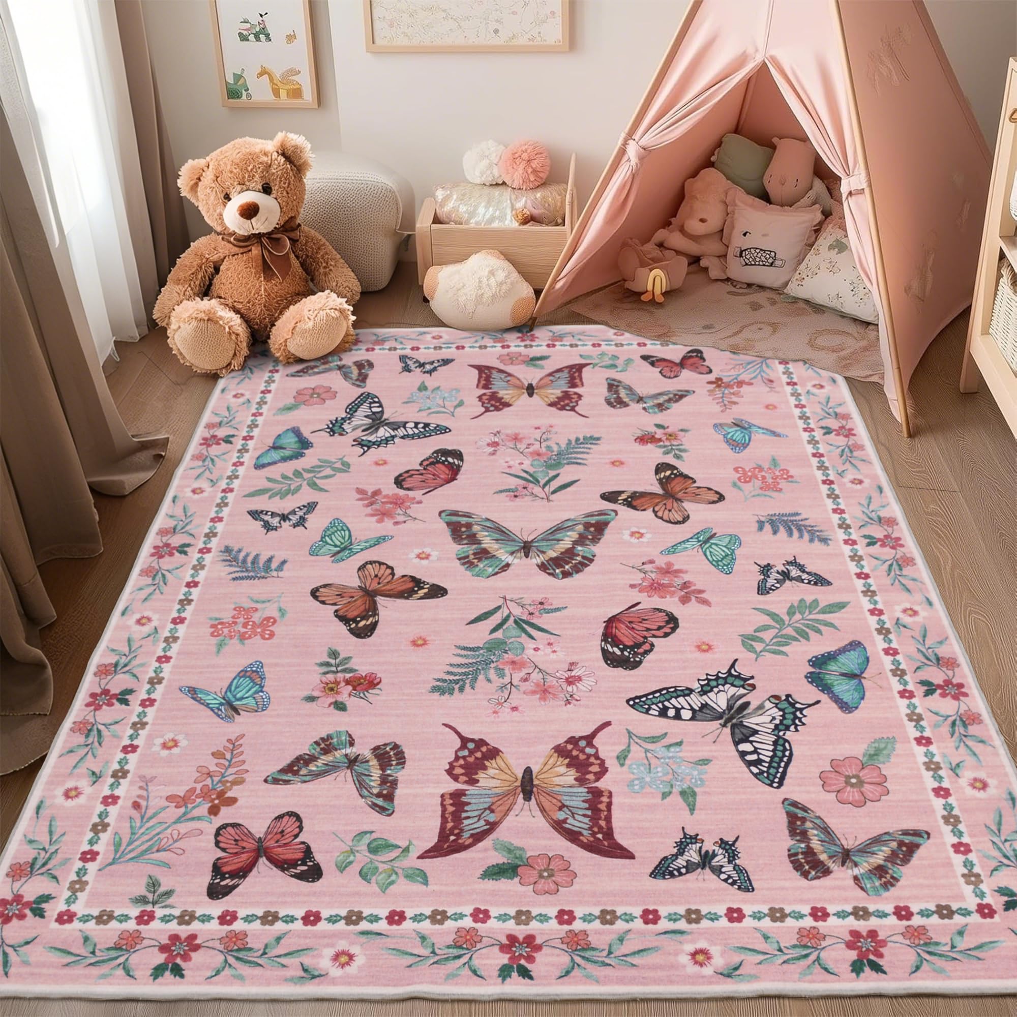 Insect Floral Area Rug, Machine Washable Area Rug Non-Slip Low Pile Large Bedroom Rug Stain Resistant Throw Rug Carpet