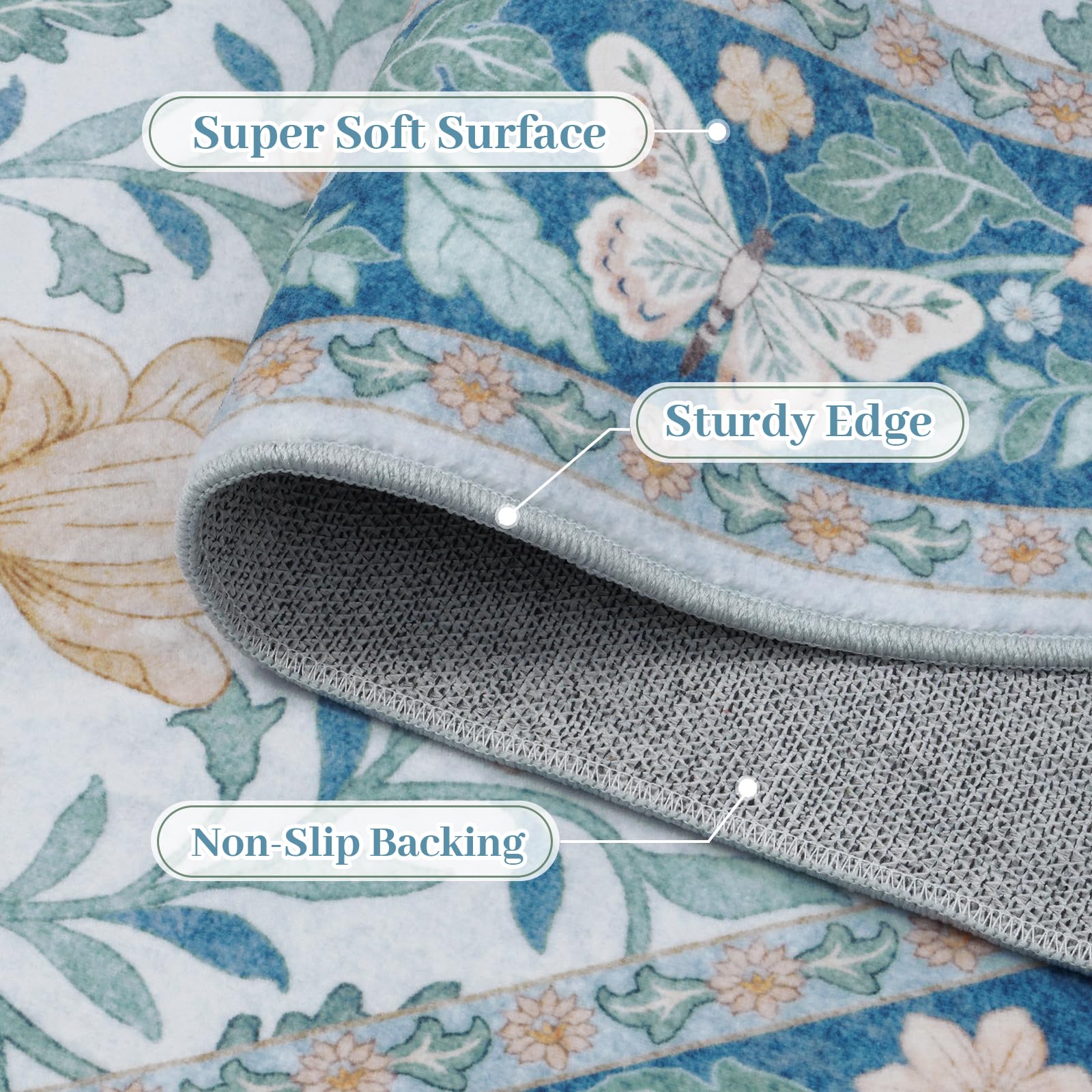 Vintage Floral Rug for Girls Bedroom Washable Non Slip, Soft Ultra Thin Boho Insect Carpet