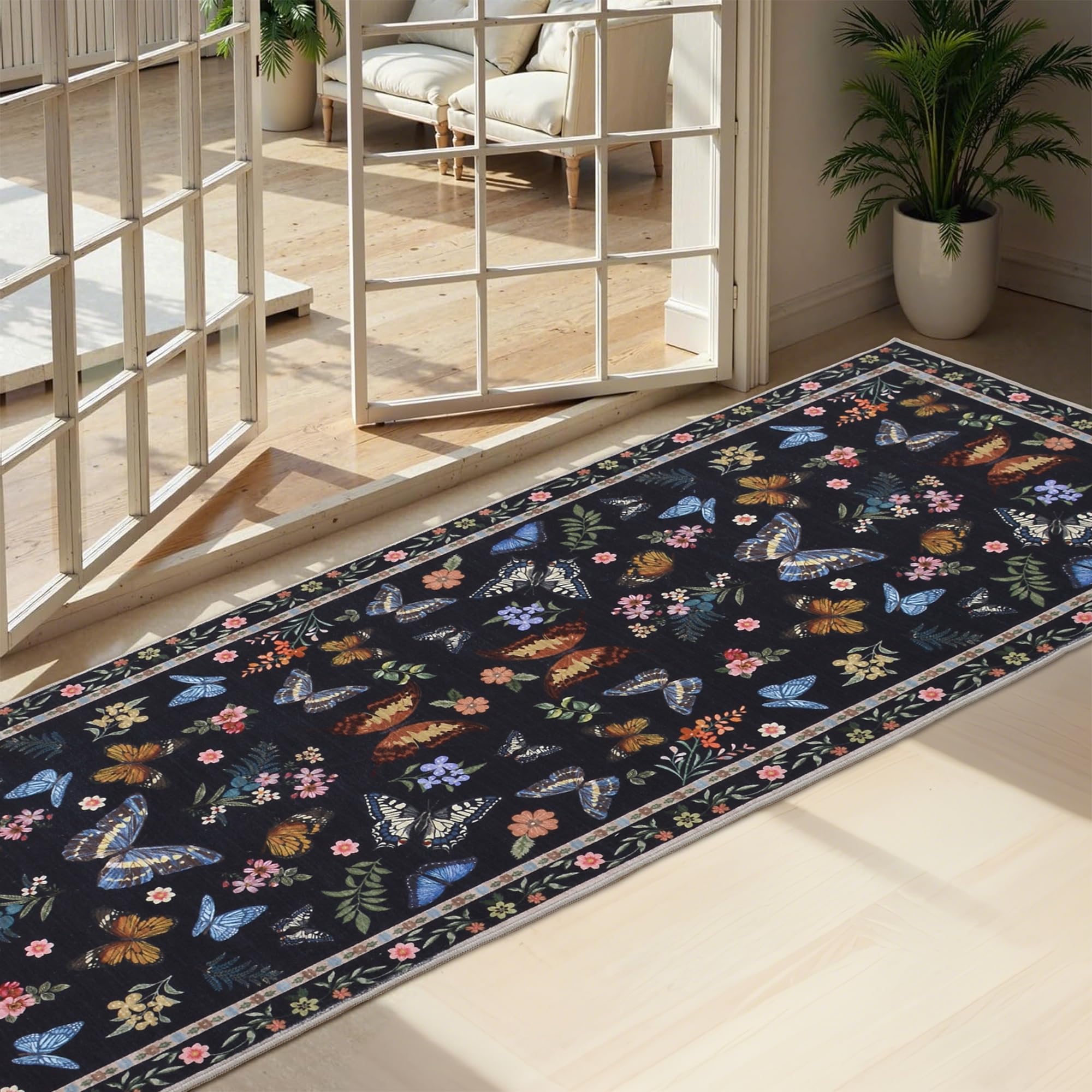 Insect Floral Area Rug, Machine Washable Area Rug Non-Slip Low Pile Large Bedroom Rug Stain Resistant Throw Rug Carpet