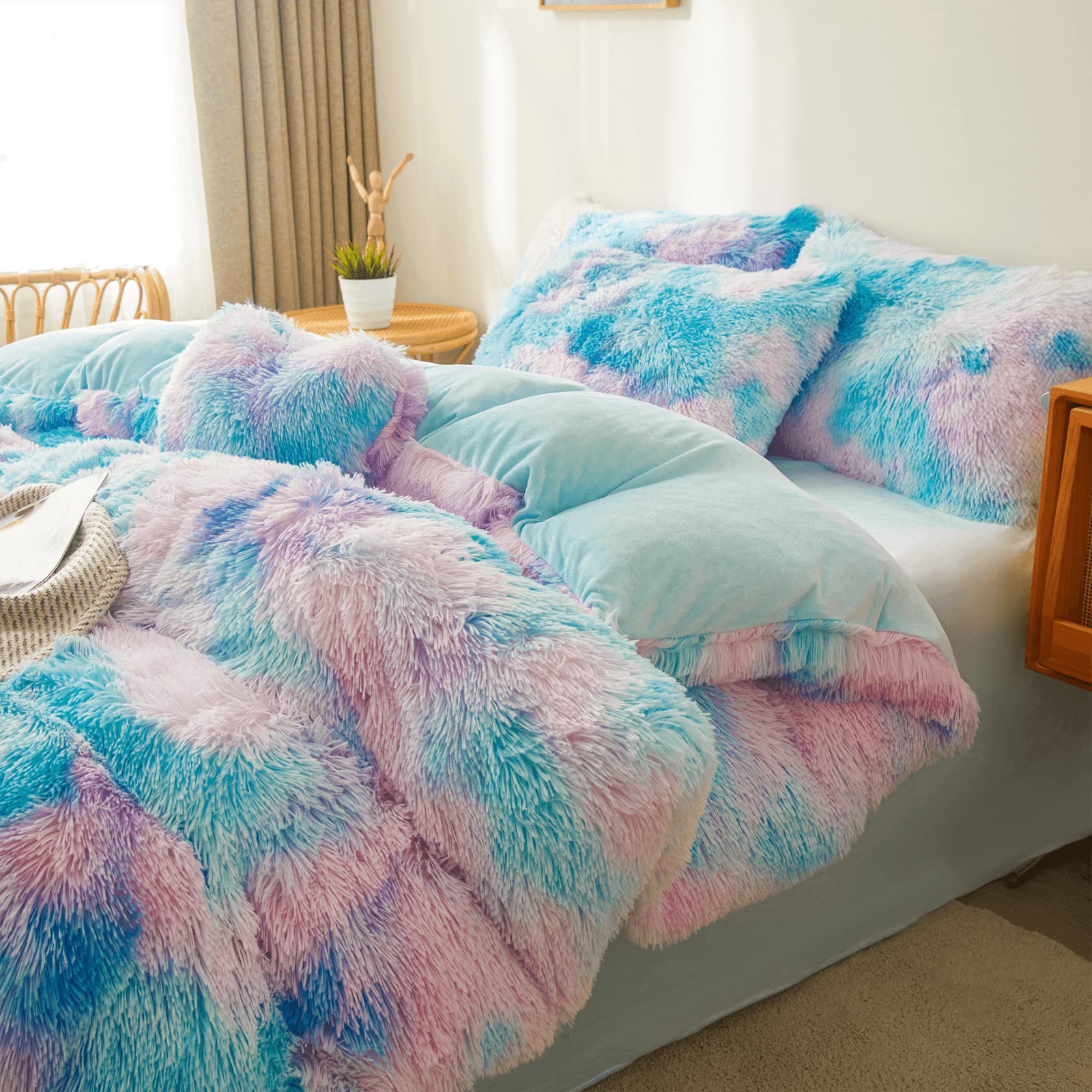 Fluffy Faux Fur Comforter Cover Set Queen - Ultra Soft Plush Bedding Sets 3 Pieces (1 Fluffy Duvet Cover + 2 Faux Fur Pillow case) Cute Bed Set