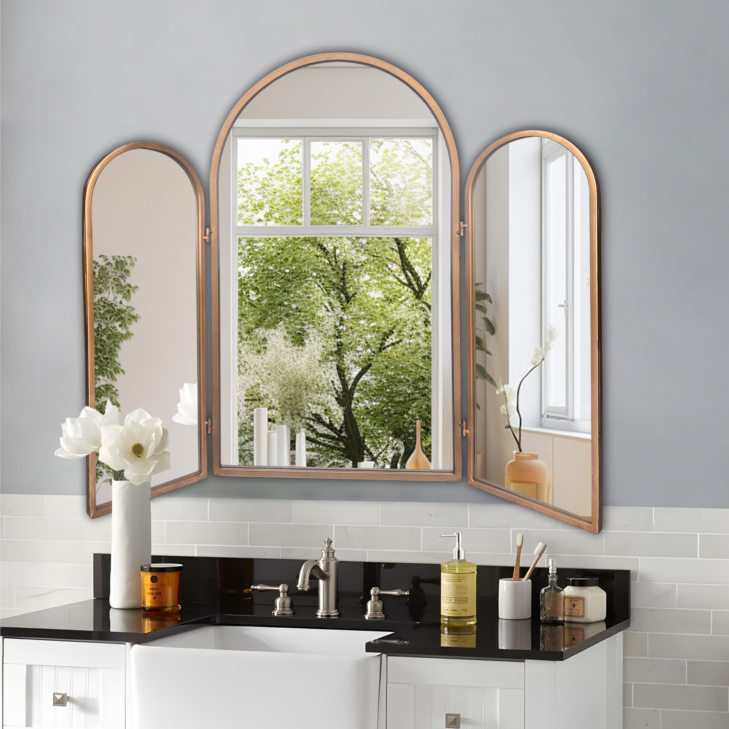 Trifold Vanity Mirrors 3 Way, 30 x 37in Adjustable Vanity Mirrors for Bathroom, Bedroom, Champaign Golden Arch Mirrors Wall Mounted Decoration, 360° Way