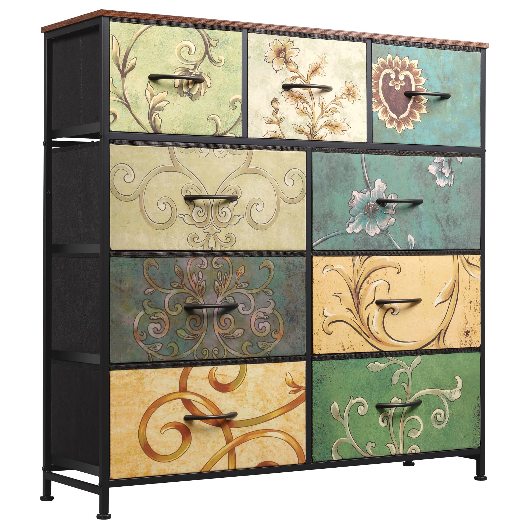 Drawer Fabric 9 Dresser â€?Tall Storage Tower with Bins, Steel Frame, and Wood Top