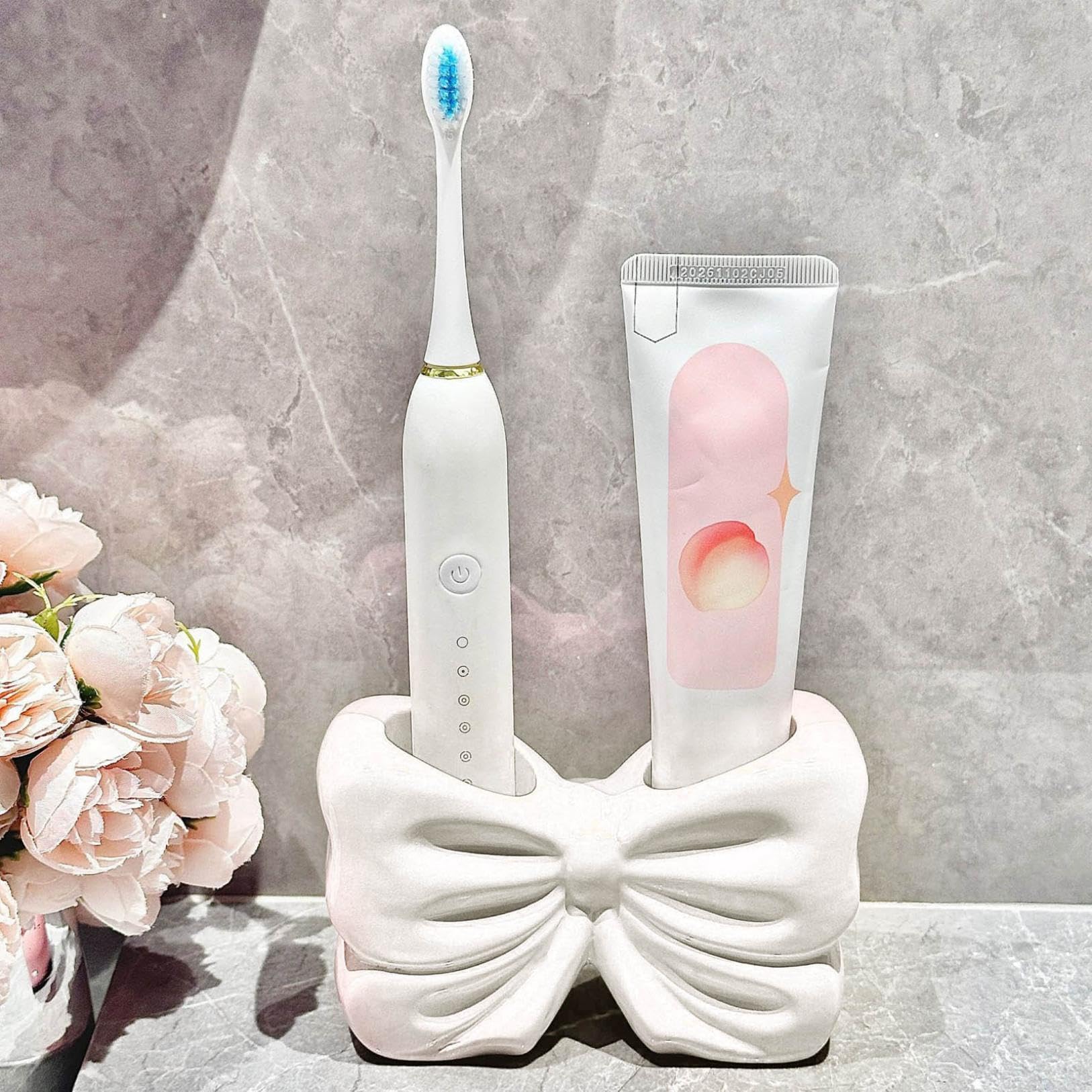Ceramic Bowtie Toothbrush Holder - Cute 2 Slots Toothbrush Holder Accessories for Bathroom Bow Decor Portable Quick Dry