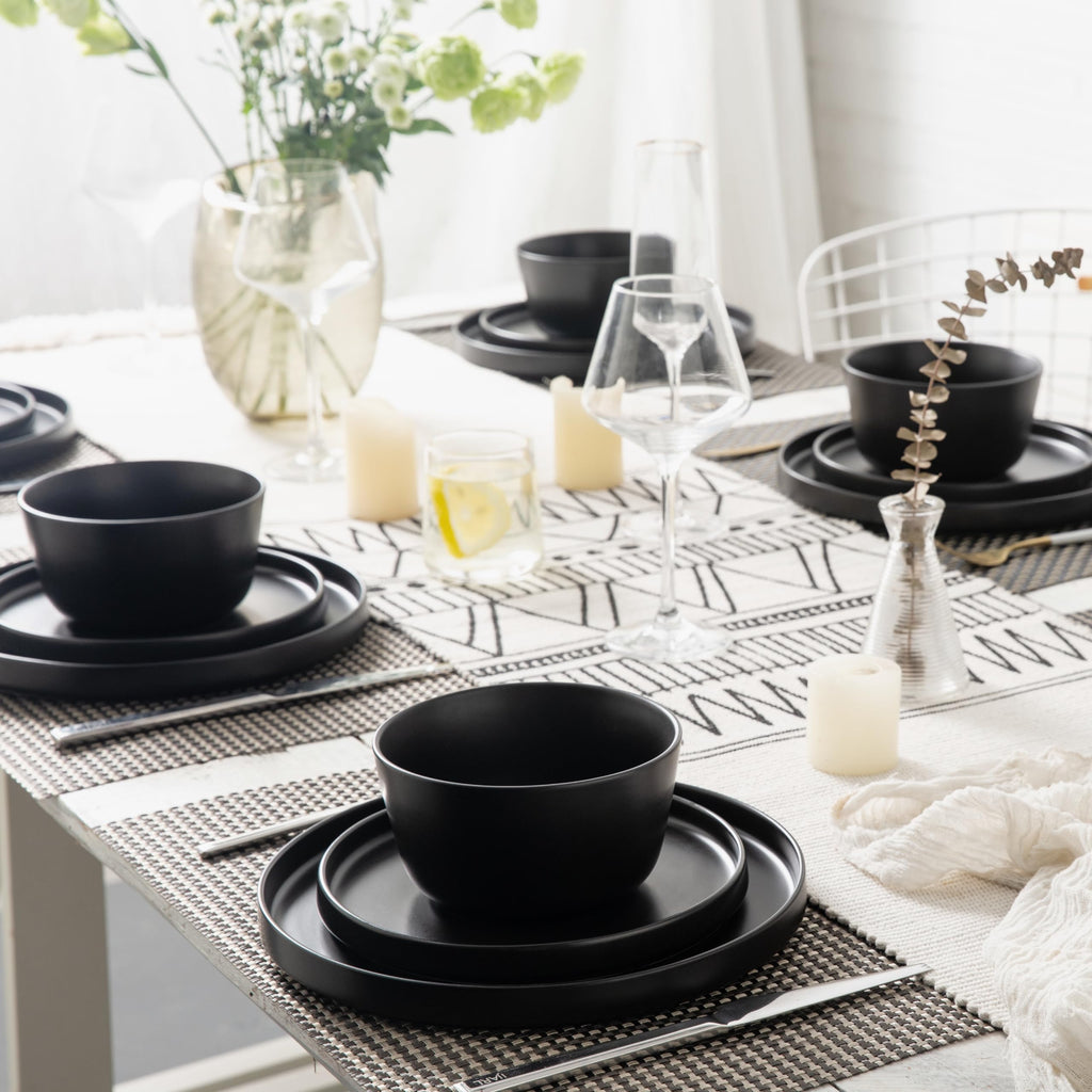 Ceramic Dinnerware Sets for 4, Modern Flat Stoneware Plates and Bowls Sets,Chip and Crack Resistant | Dishwasher & Microwave Safe Dishes Set, Scratch Resistant- Service for 4 (12pc)