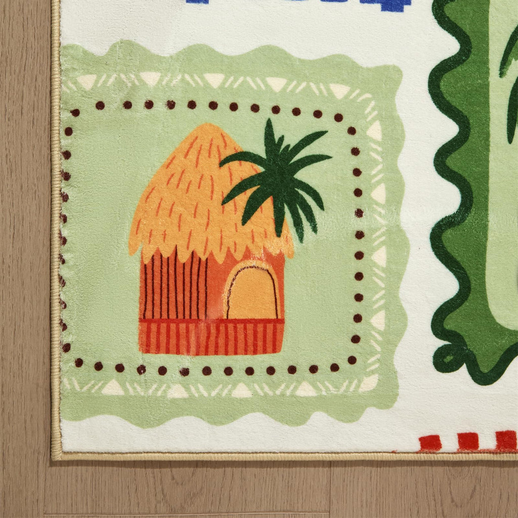 Summer Tropical Area Rug in Green and Orange Washable, Checkered Abstract Jungle Animals Cute Fun Aesthetic Throw Rug Accent Carpet for Bedroom Entryway Living Room Dorm Nursery