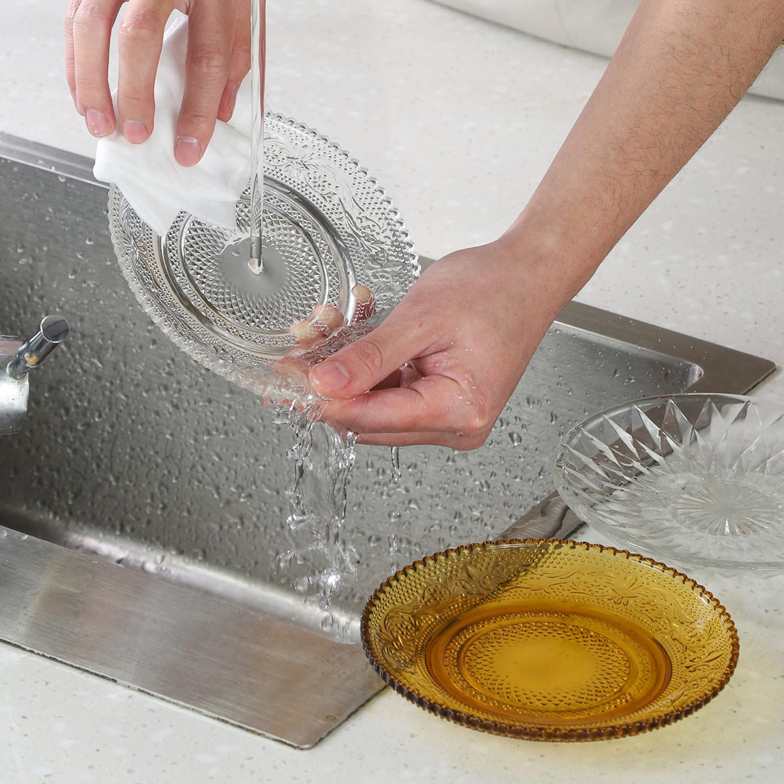 Glass Plates 4 Pack Vintage Dinnerware Set Clear Floral Textured Dinner Plates