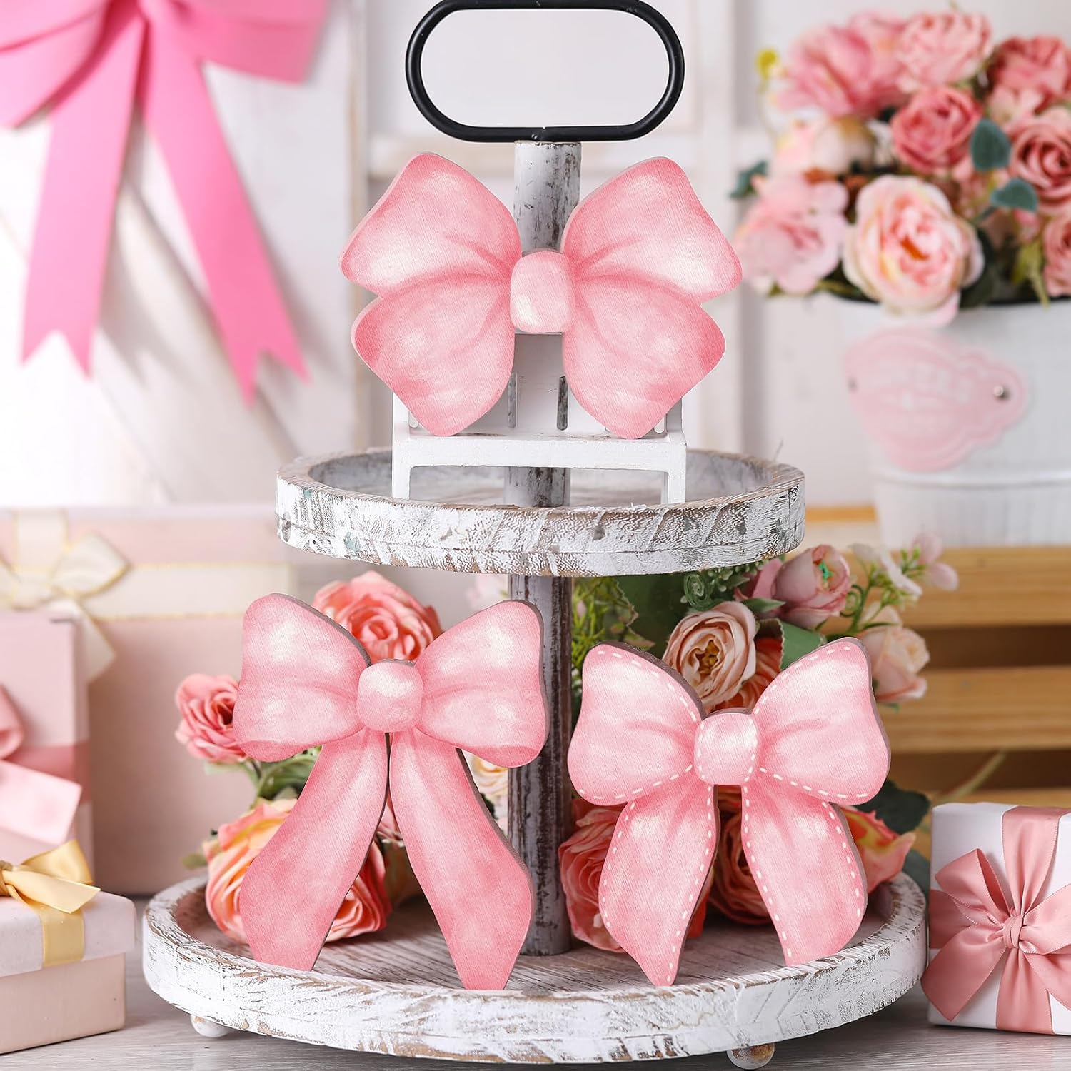 Pink Bow Coquette Room Decor Wooden Sign - Bow Tiered Tray Decor, Wall Desk Shelf Tabletop Decoration 3 Pcs