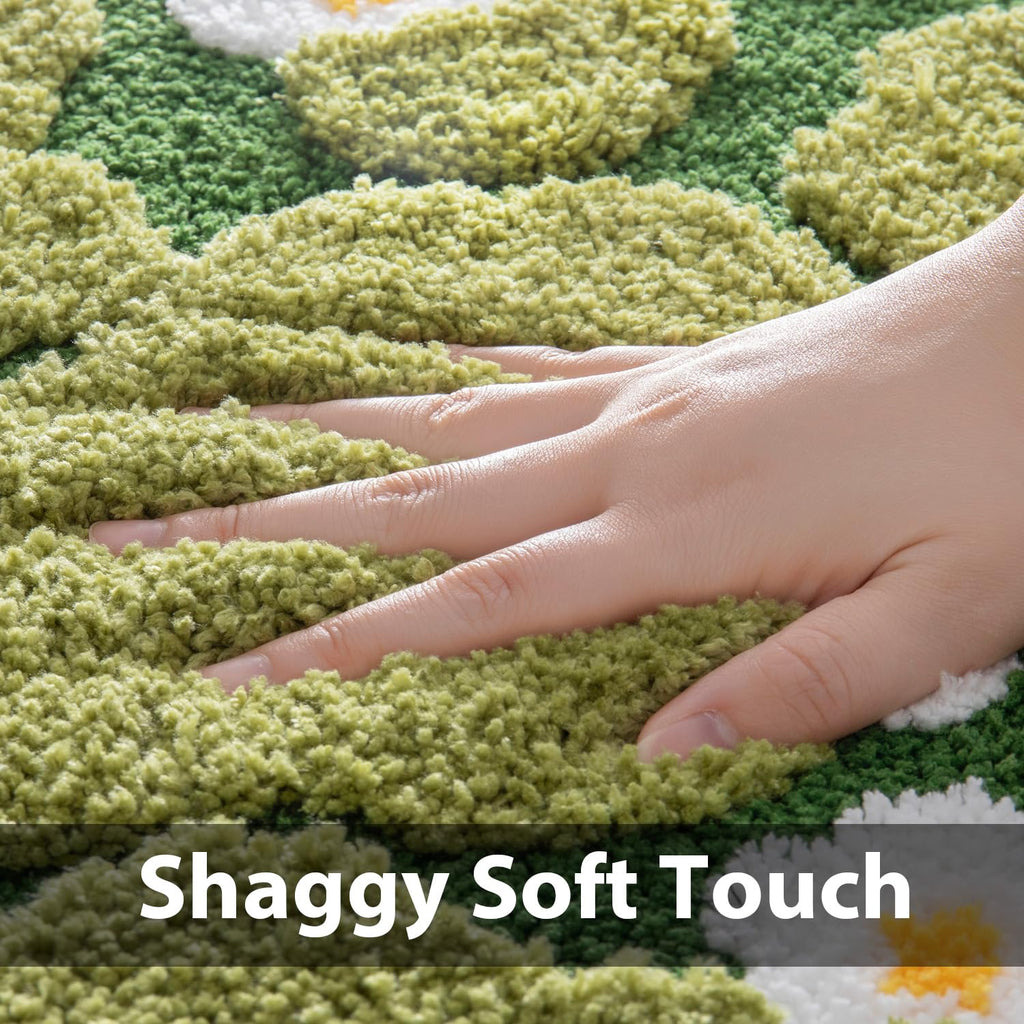 Green Moss Bathroom Rugs Bath Mat Non Slip, Ultra Soft Absorbent Aesthetic Decor Shaggy Tufted Flower Long Bath Rugs