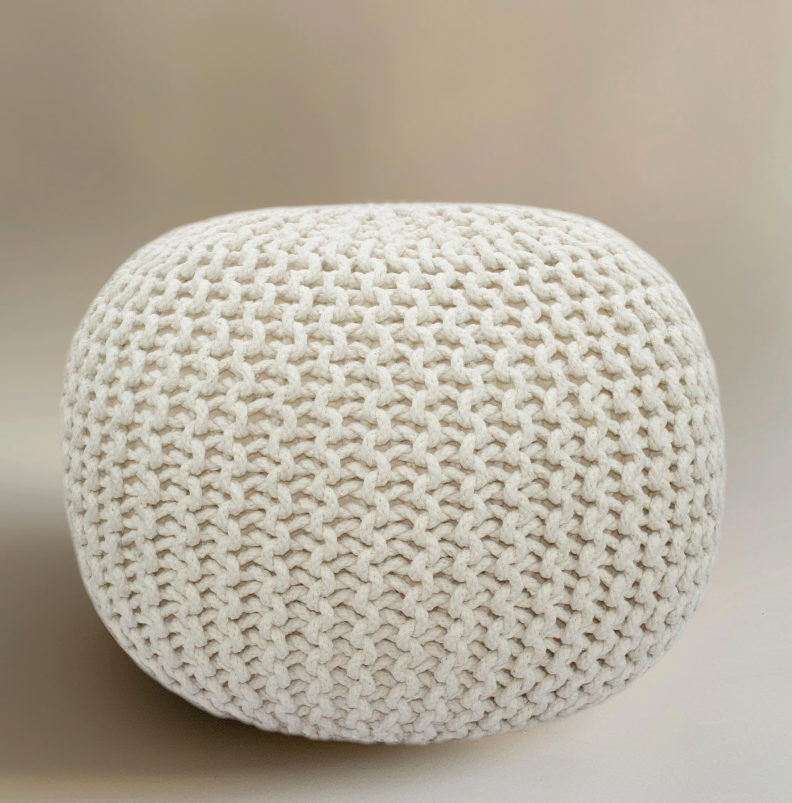Hand-Knitted Cotton Round Pouf â€?Braid Cord Ottoman, Footrest, and Accent Seat for Living Room, Nursery, Kids Room, or Dorm Décor â€?20x14