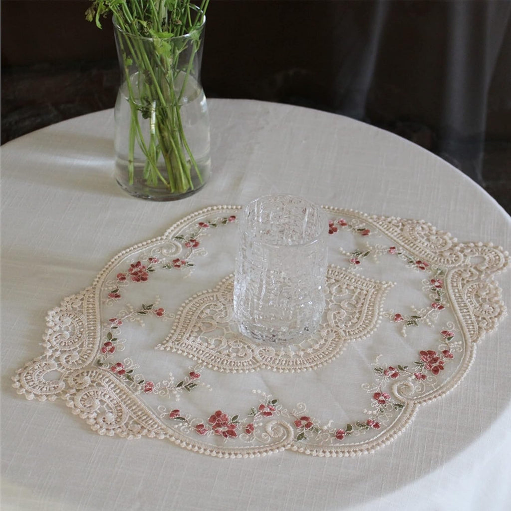Vintage Beige Oval Lace Table Placemats, Exquisite Flower Embroidered Doilies Vase Mat, 12 X 18 Inch
