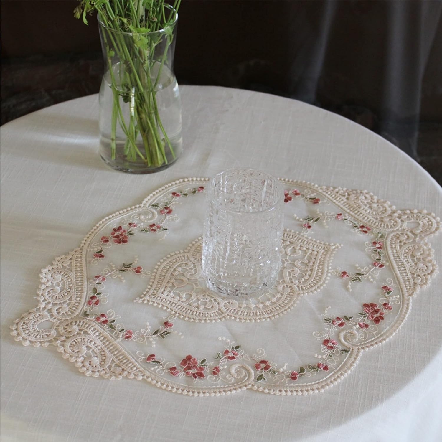 Vintage Beige Oval Lace Table Placemats, Exquisite Flower Embroidered Doilies Vase Mat, 12 X 18 Inch