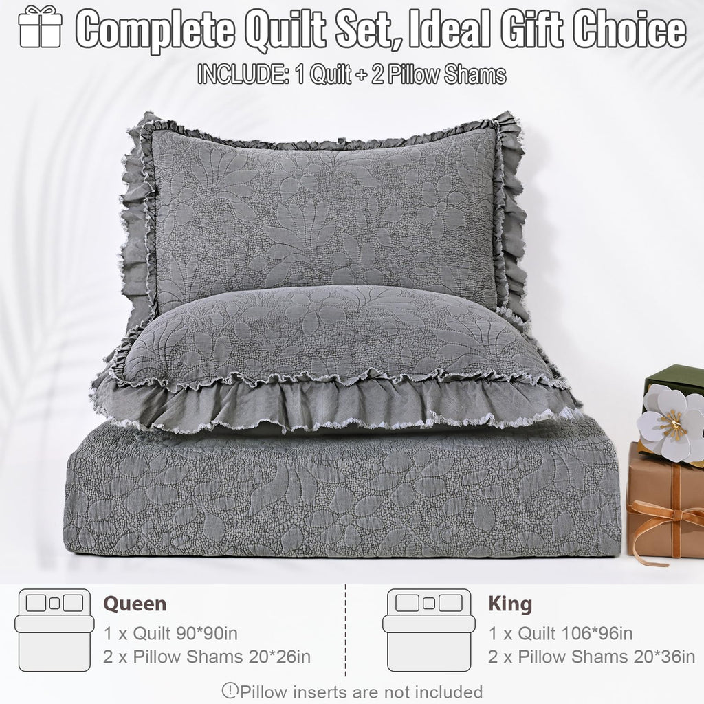 Ruffled Floral Quilts Soybean Fiber Filling Bedding Set 3 Piece, Stone-Washed Microfiber Shabby Chic Lightweight Soft Bedspread