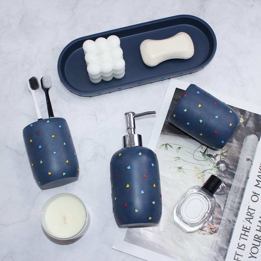 Premium Bathroom Accessories Sets 4-Piece, Pastel Heart Bathroom Accessory Complete Set - Toothbrush Holder, Lotion Soap Dispenser, Vanity Tray, Bathroom Tumbler for Countertop Vanity