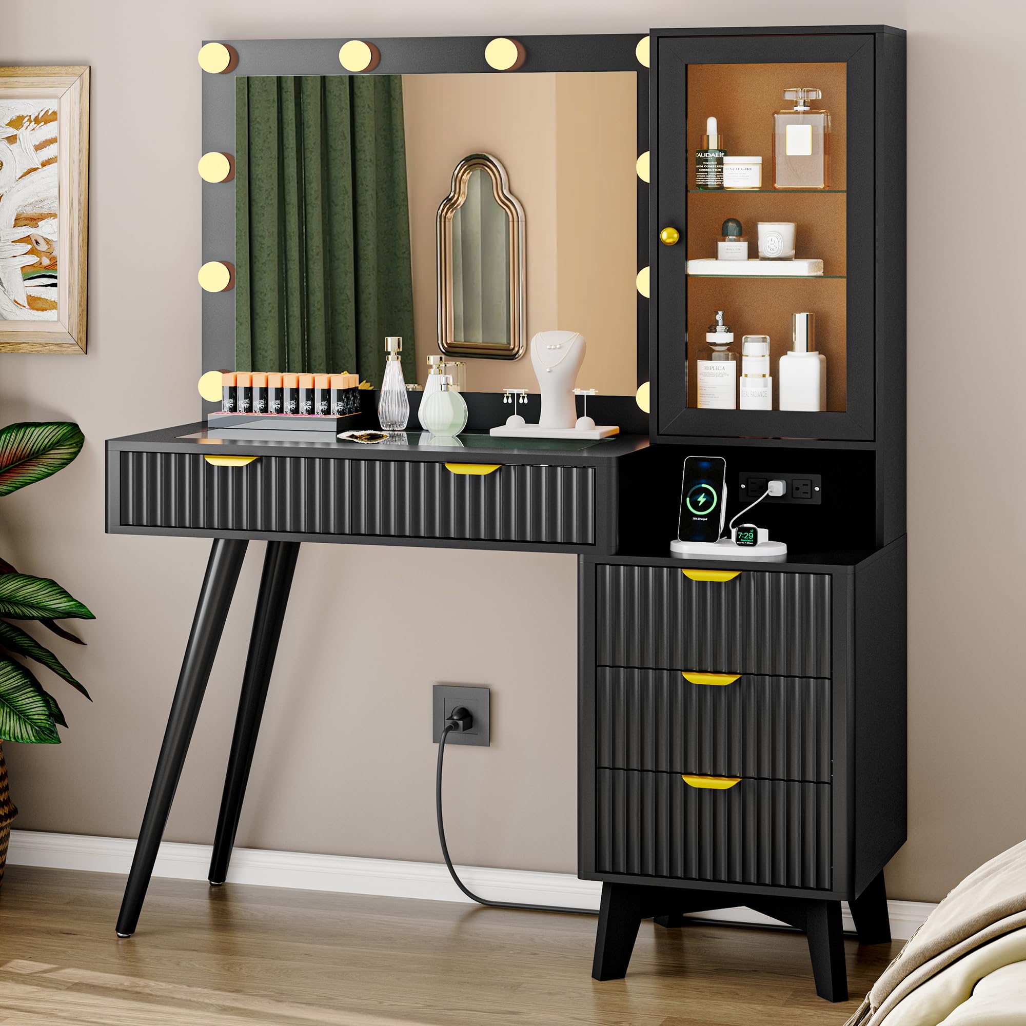 Fluted Vanity Desk with Mirror and Lights, 45" Glass Top Makeup Table Set with 5 Drawers, Power Outlet & Storage Cabinet, Large Dressing Table with RGB Ambient Light