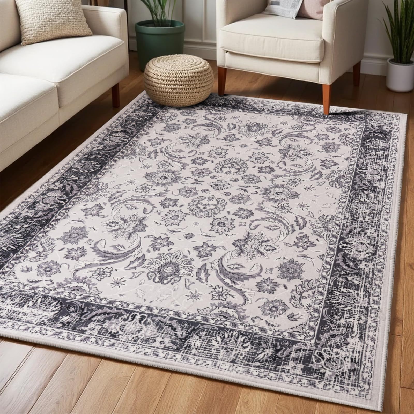 Washable Area Rugs Door Mat Entryway Vintage Floral Non-Slip Low Pile Entrance Thin Rug Carpet for Kitchen Bathroom Living Room Pink