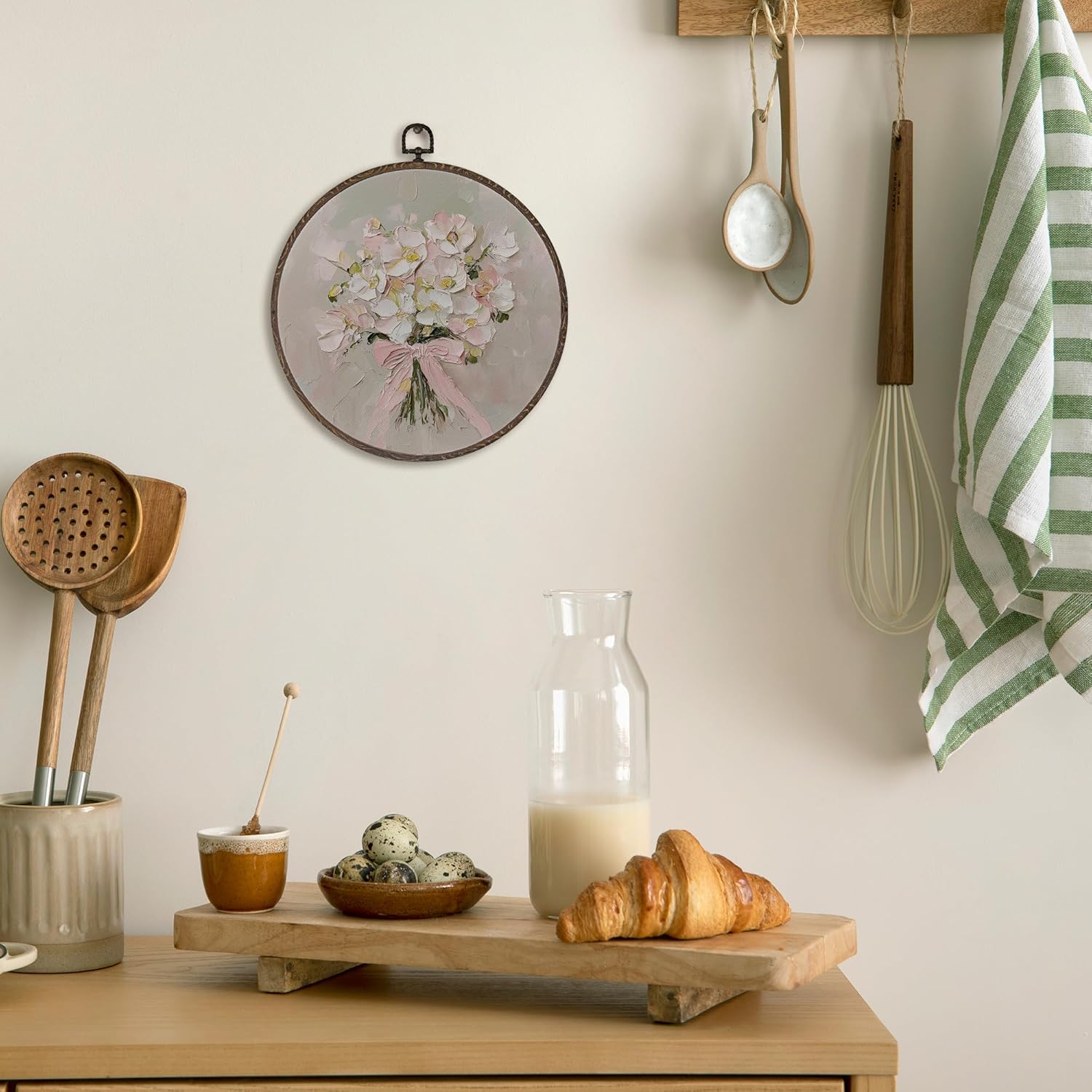 Vintage Coquette Floral Round Framed Wall Art Decor, Pink Coquette Bow Flower Girls Hanging Wall Art Pictures Paintings, 10x10 Inches