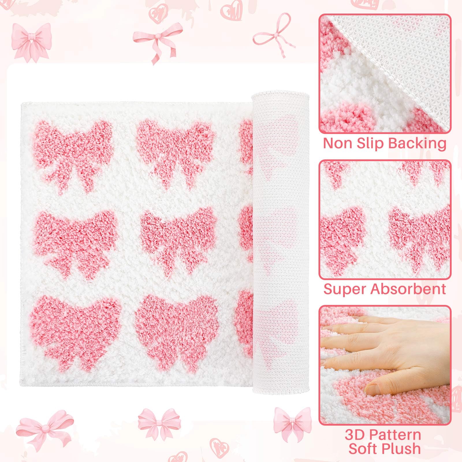 Pink Bow Rug Non Slip Coquette Bathroom Mat Cute Bow Rug 3D Stereoscopic Bow Bath Mat Aesthetic Bath Mat