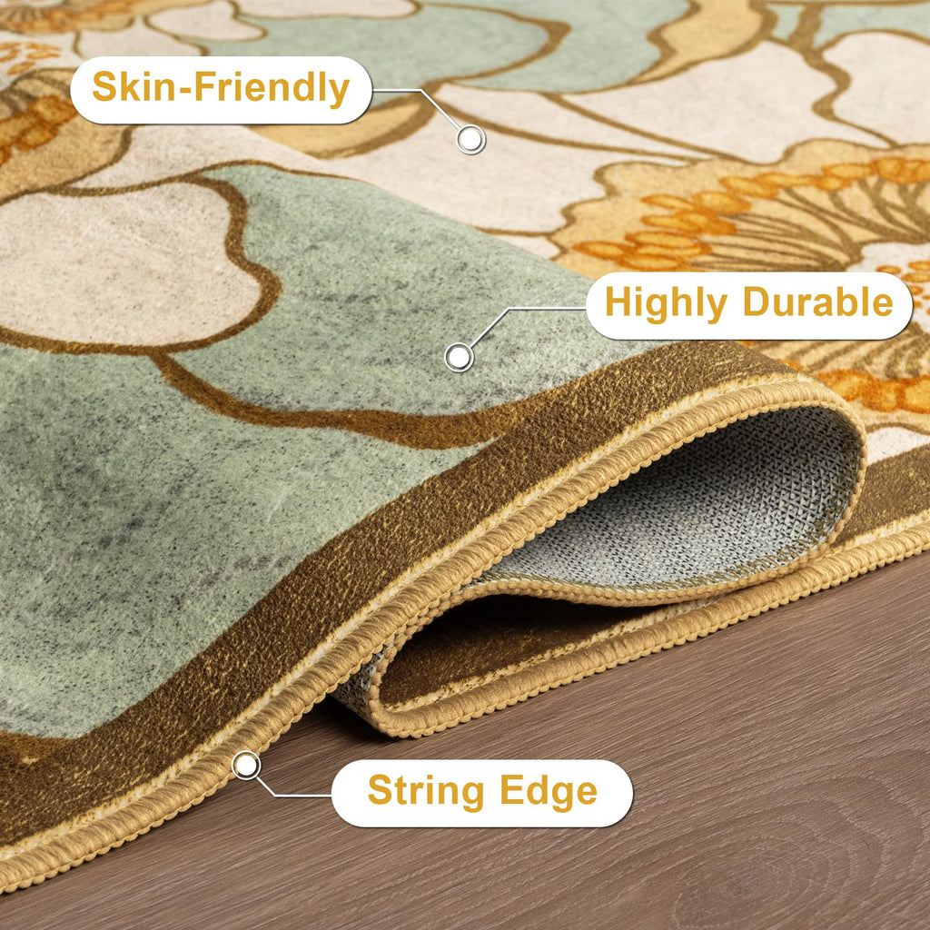 Faux Wool Boho Floral Area Rug Abstract Print Soft Carpet, TPR Non-Slip Backing, Machine Washable Low Pile Rug
