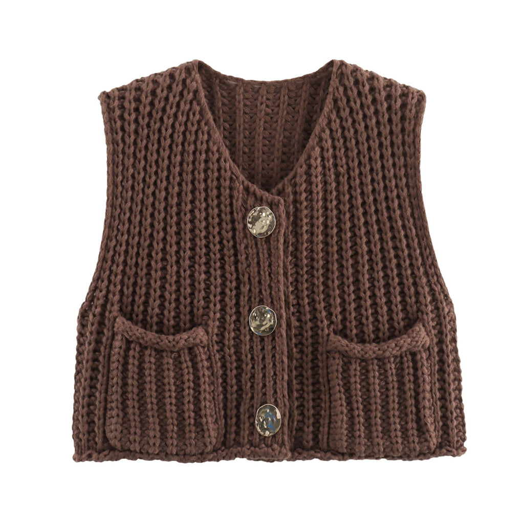 Women's Cropped Sweater Vest Cute Crewneck Button Down Sleeveless Crop Knit Cardigan with Pocket