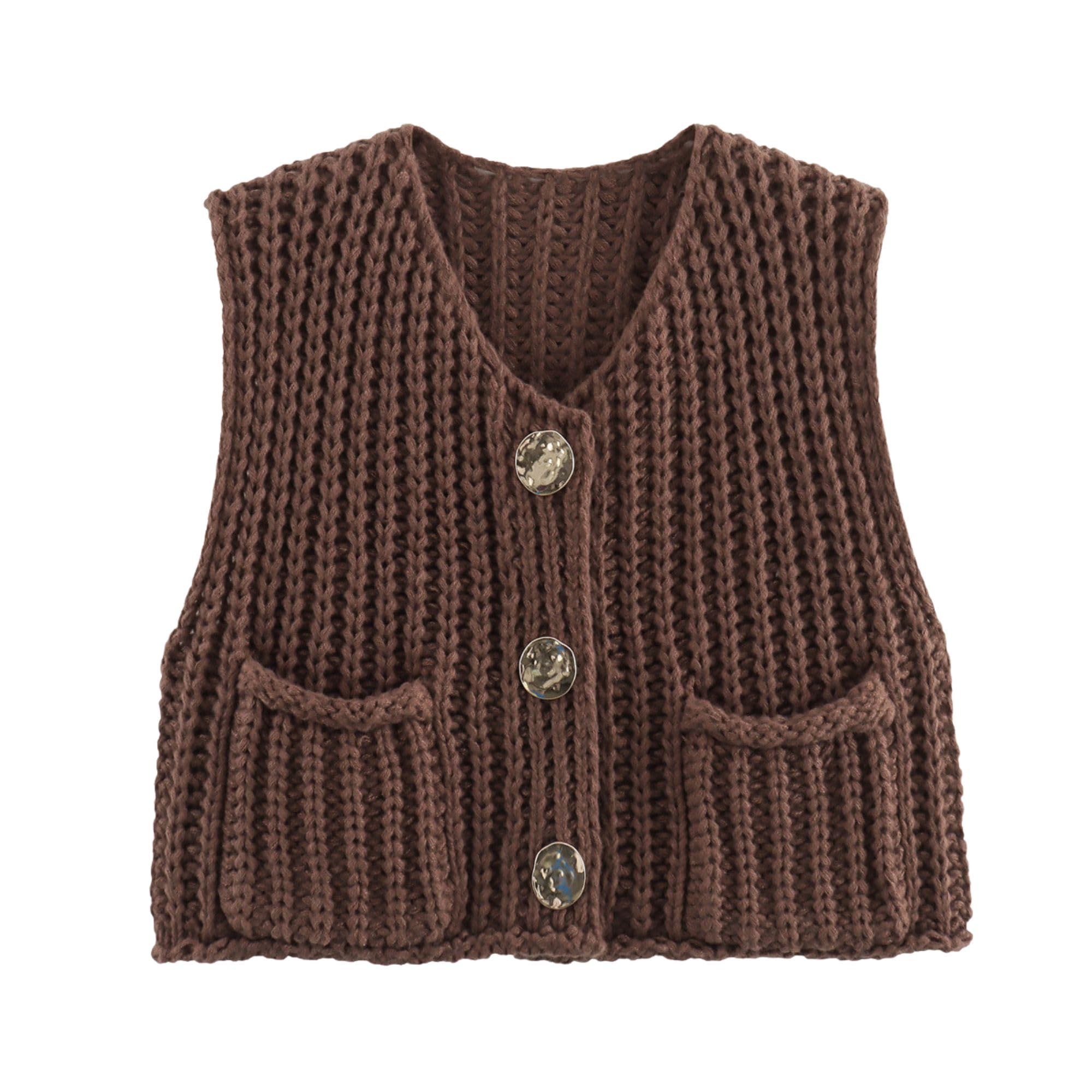 Women's Cropped Sweater Vest Cute Crewneck Button Down Sleeveless Crop Knit Cardigan with Pocket