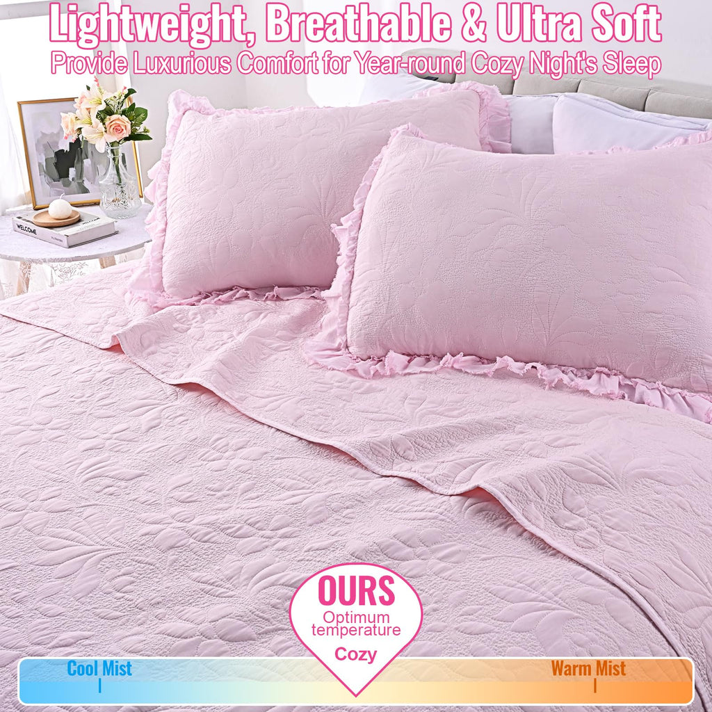 Ruffled Floral Quilts Soybean Fiber Filling Bedding Set 3 Piece, Stone-Washed Microfiber Shabby Chic Lightweight Soft Bedspread