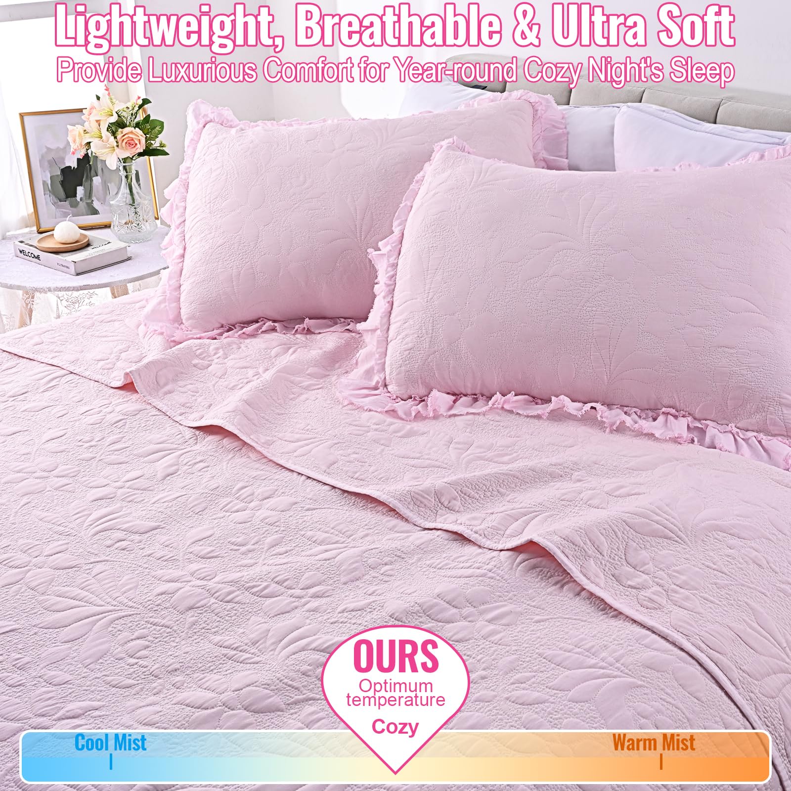 Ruffled Floral Quilts Soybean Fiber Filling Bedding Set 3 Piece, Stone-Washed Microfiber Shabby Chic Lightweight Soft Bedspread