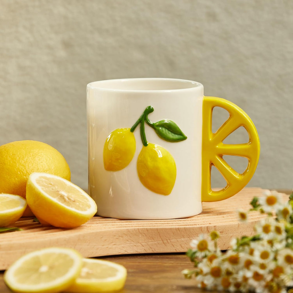 Lemon Cute Handle Handcrafted 16oz Stoneware Mug, Handpainted Mug
