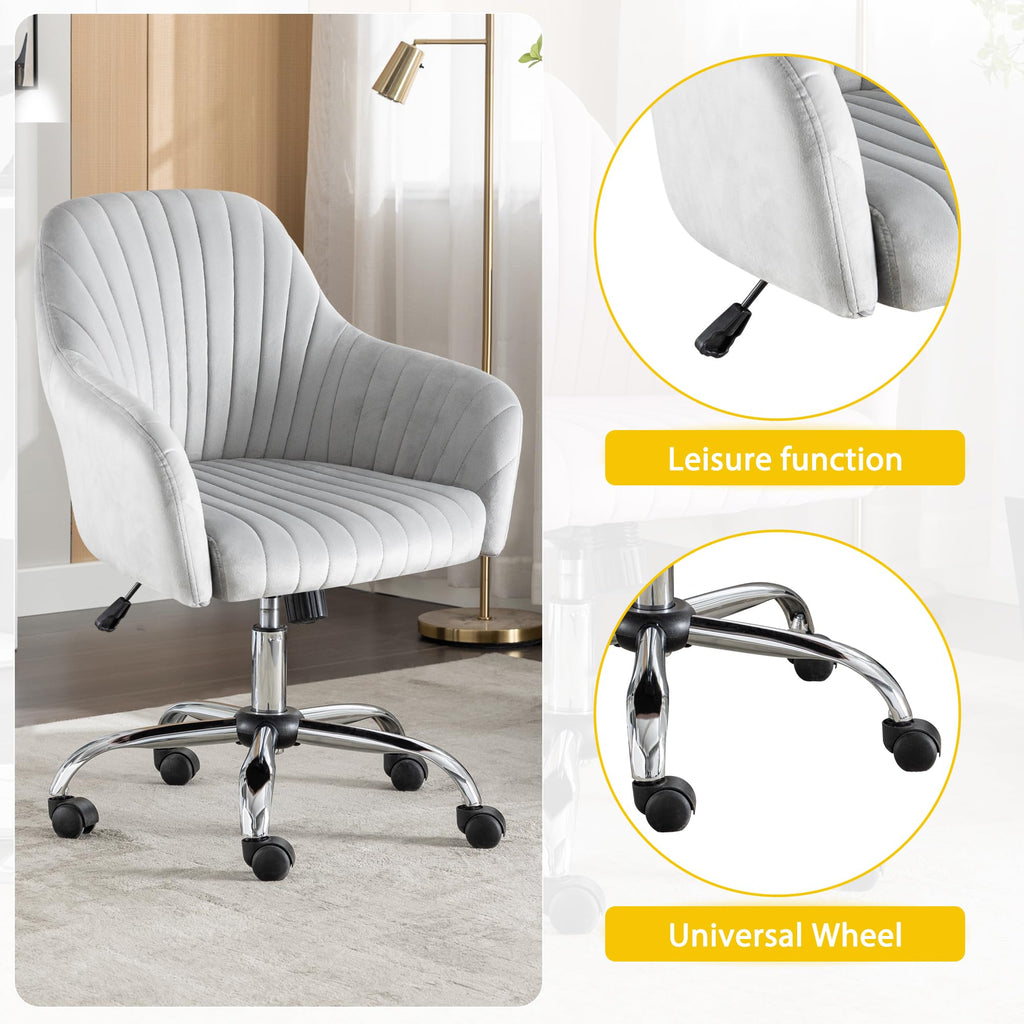 Modern Vanity Velvet Adjustable Low Back Rolling Chair, Twill Upholstered Cute Chair with Wheels
