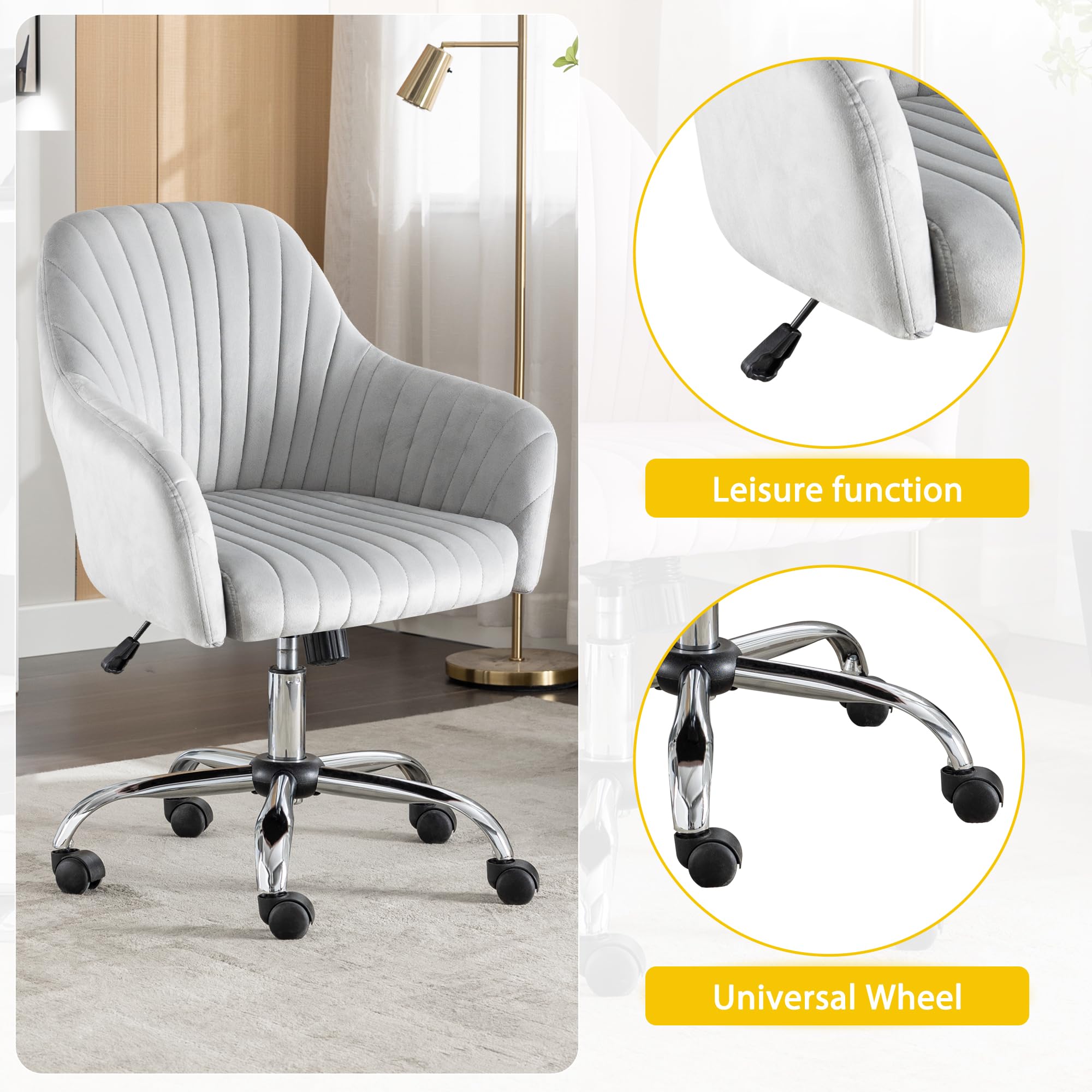 Modern Vanity Velvet Adjustable Low Back Rolling Chair, Twill Upholstered Cute Chair with Wheels