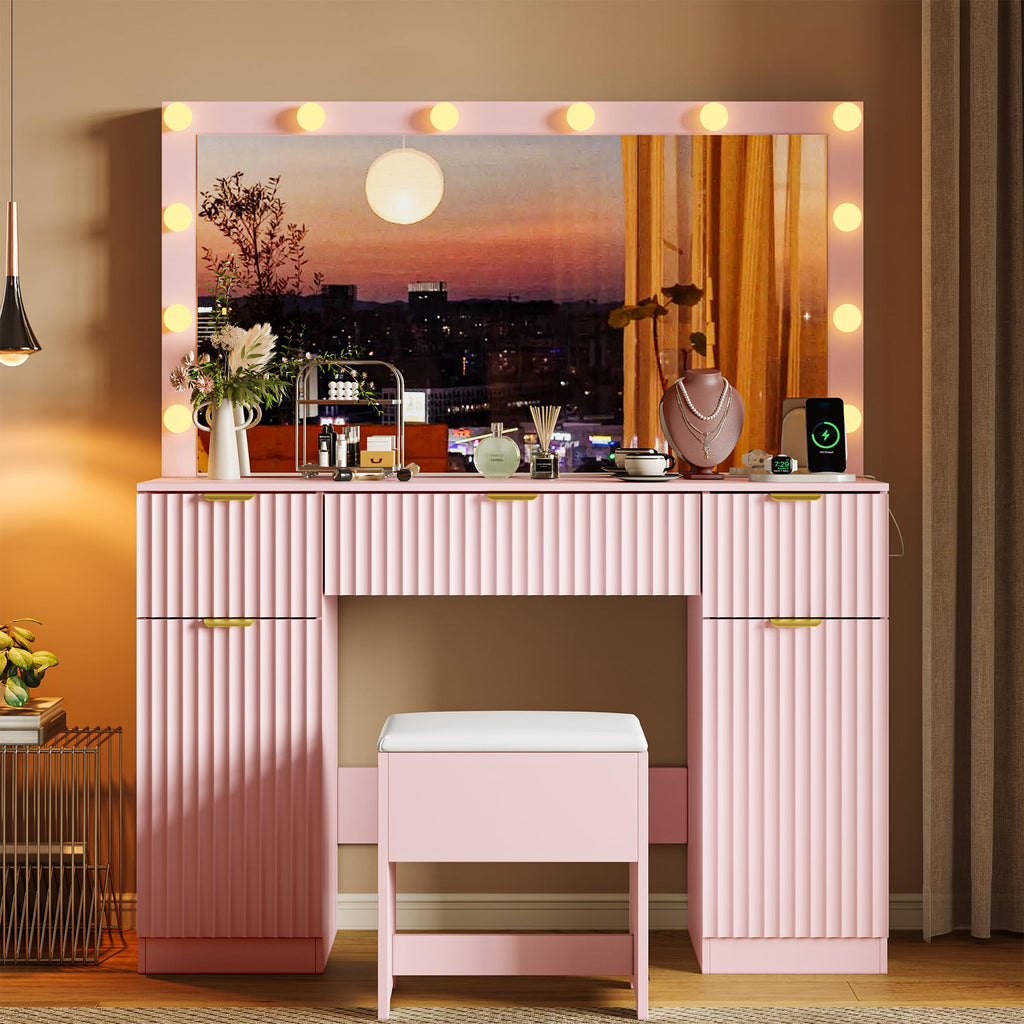 Makeup Vanity Desk with Mirror, Fluted Panel, Large LED Mirror, 3 Lighting Modes & Adjustable Brightness, Charging Station, Dressing Table with Stool