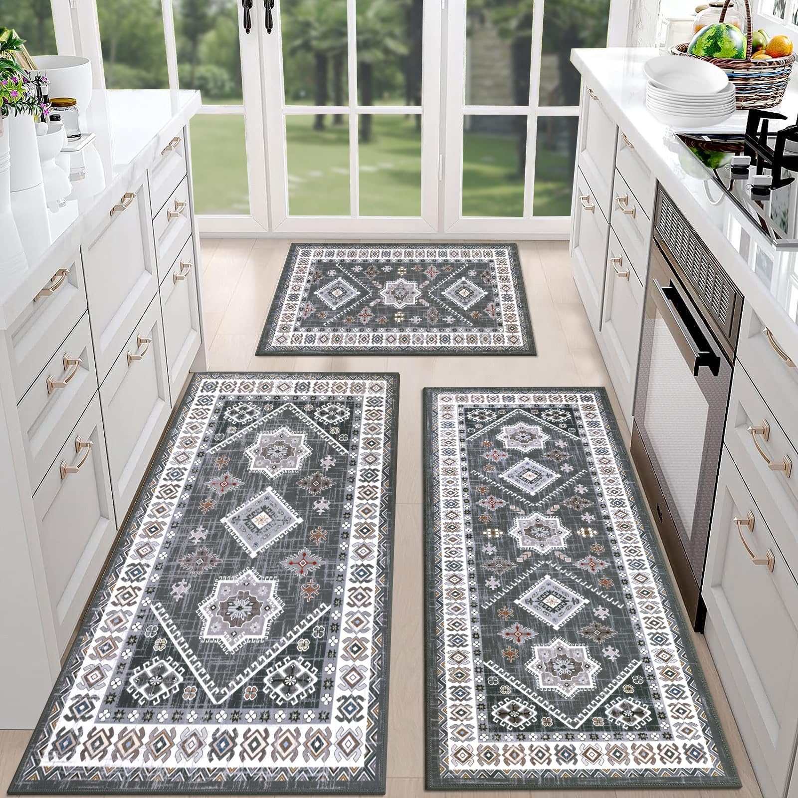 Thick Boho Kitchen Rug Sets 3 Piece with Runner Non Slip Kitchen Rugs and Mats Washable Kitchen Mats