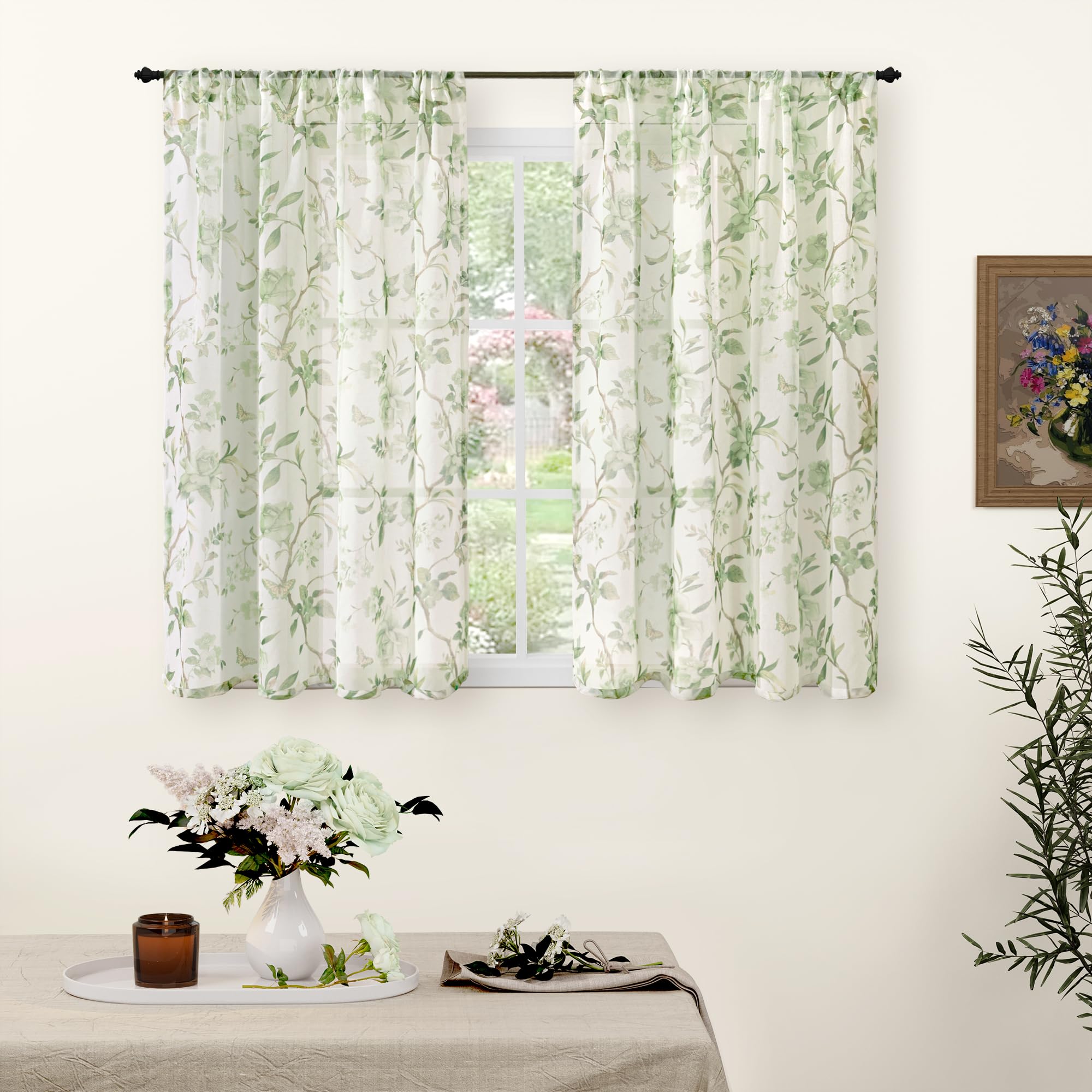 Floral Sheer Curtains, Vintage Light Filtering Semi-Sheer Linen Curtains