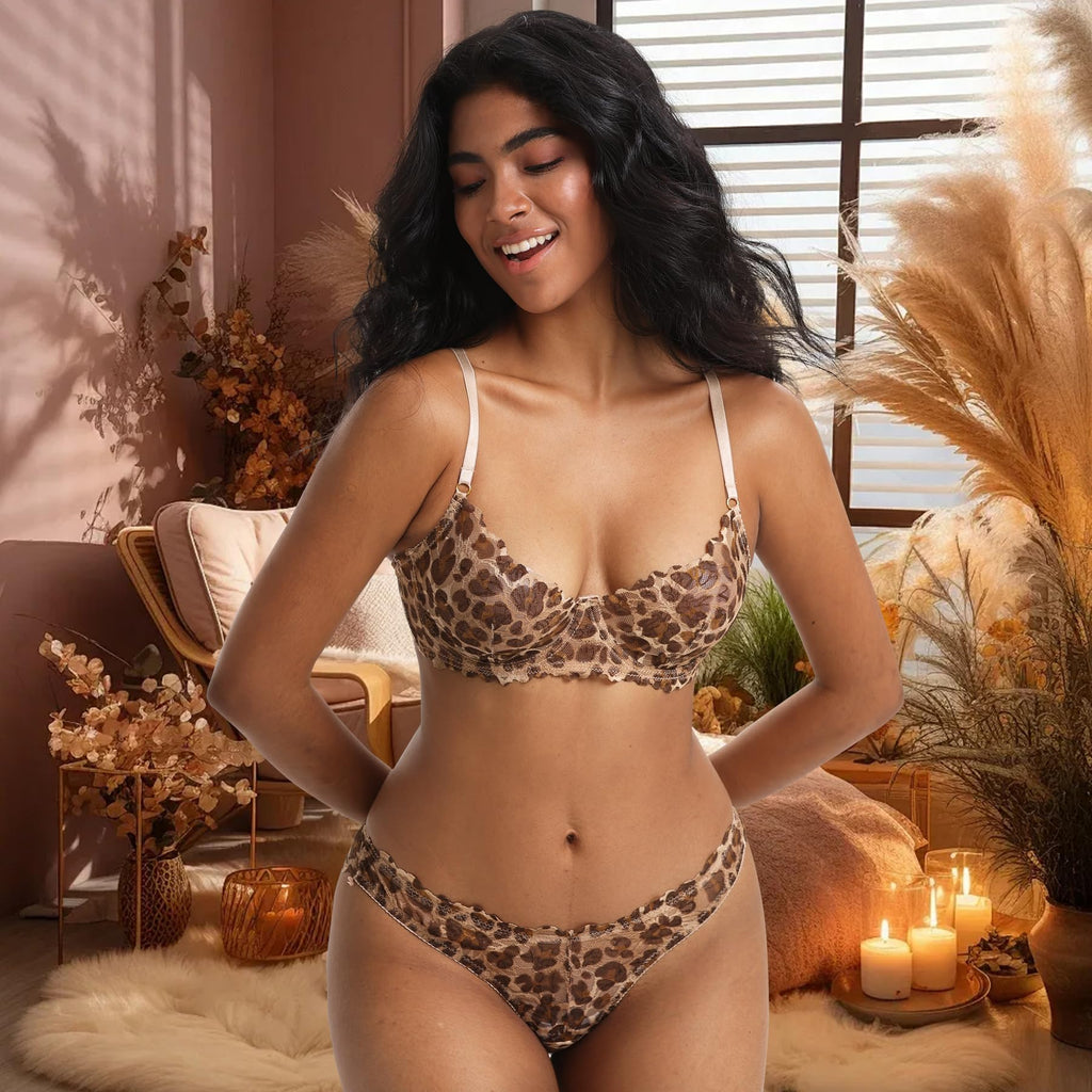 Sheer Lingerie Set for Women Leopard Print Underwire Lace Push Up Bar Matching Bra and Panty Set