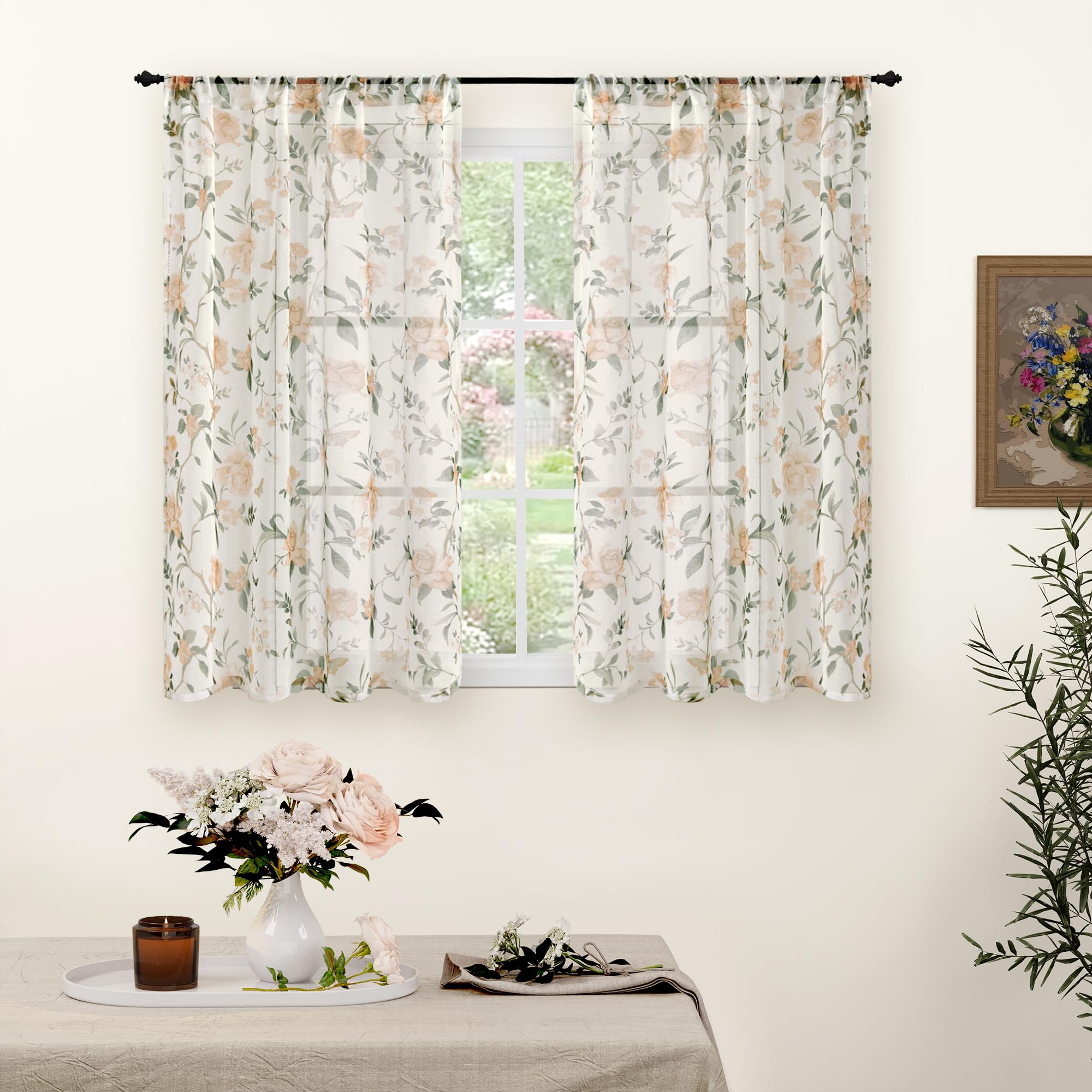 Floral Sheer Curtains, Vintage Light Filtering Semi-Sheer Linen Curtains