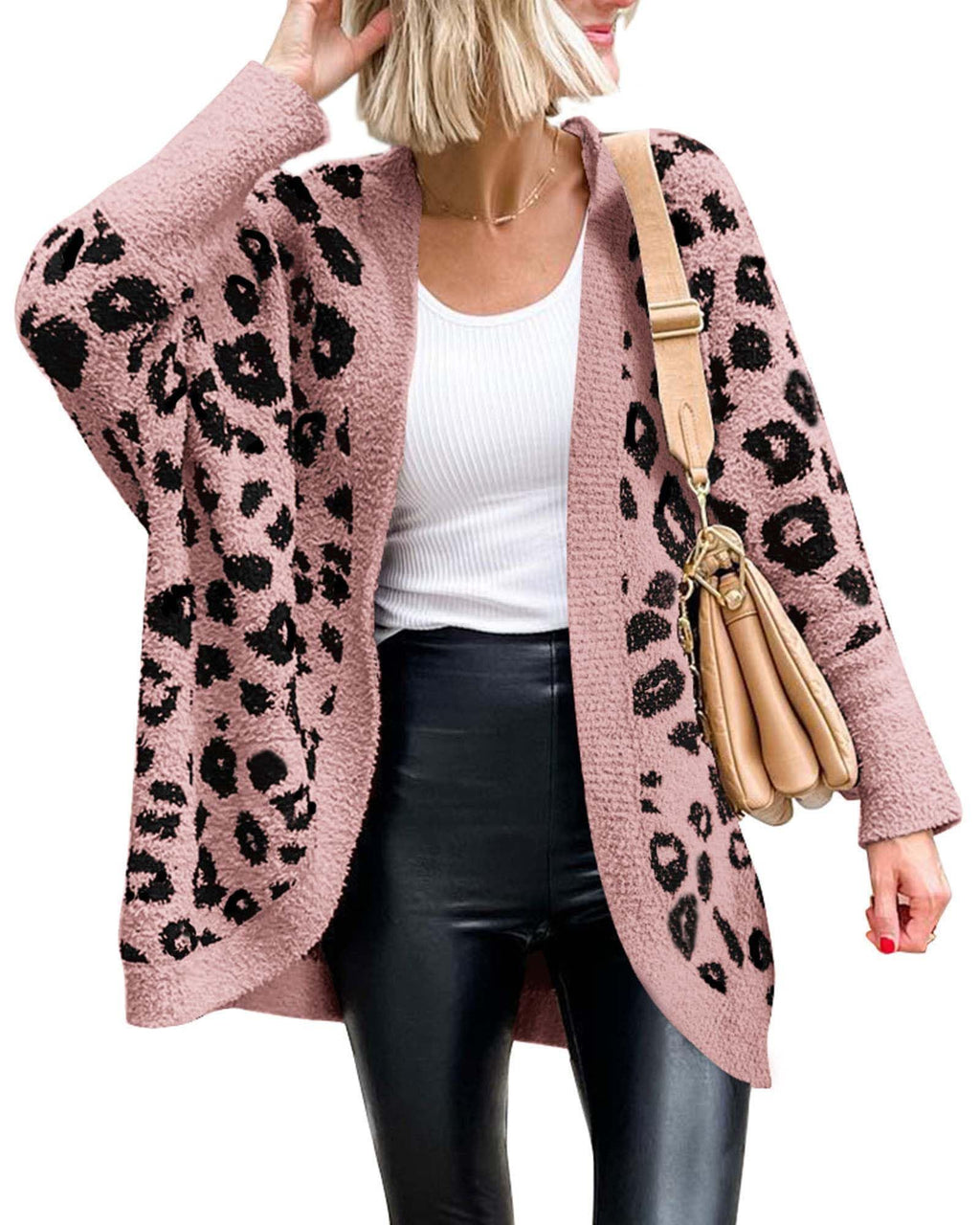 Women Fashion Leopard Print Long Sleeve Sweater Cardigan Loose Knit Open Front Fall Winter Outwear Coats