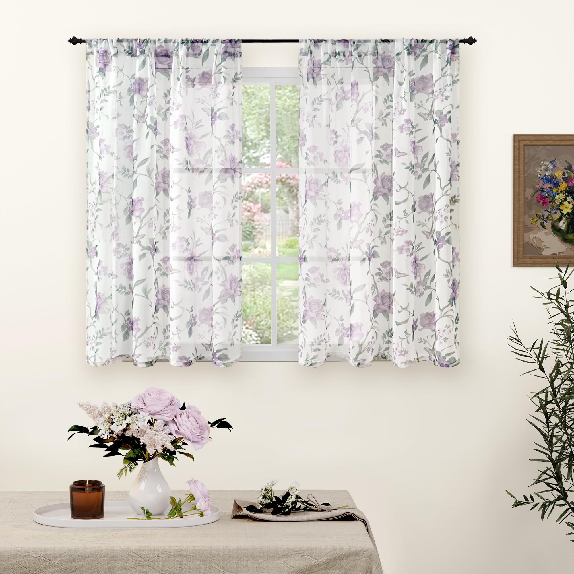 Floral Sheer Curtains, Vintage Light Filtering Semi-Sheer Linen Curtains