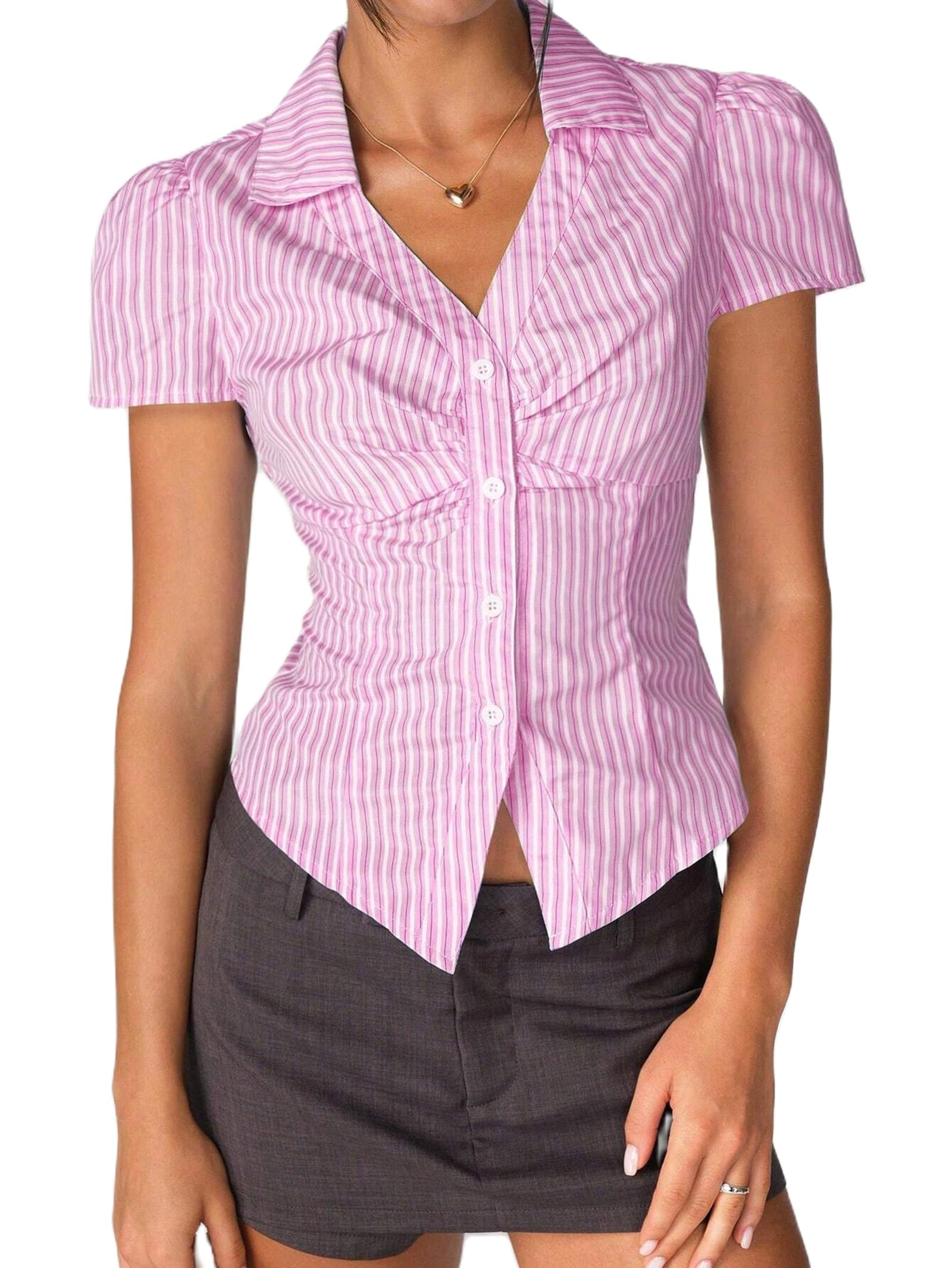 Y2k Fairy Plaid Button Down T Shirts Women Short Sleeve V Neck Aesthetic Tee Shirts Slim Fit Gingham Crop Top