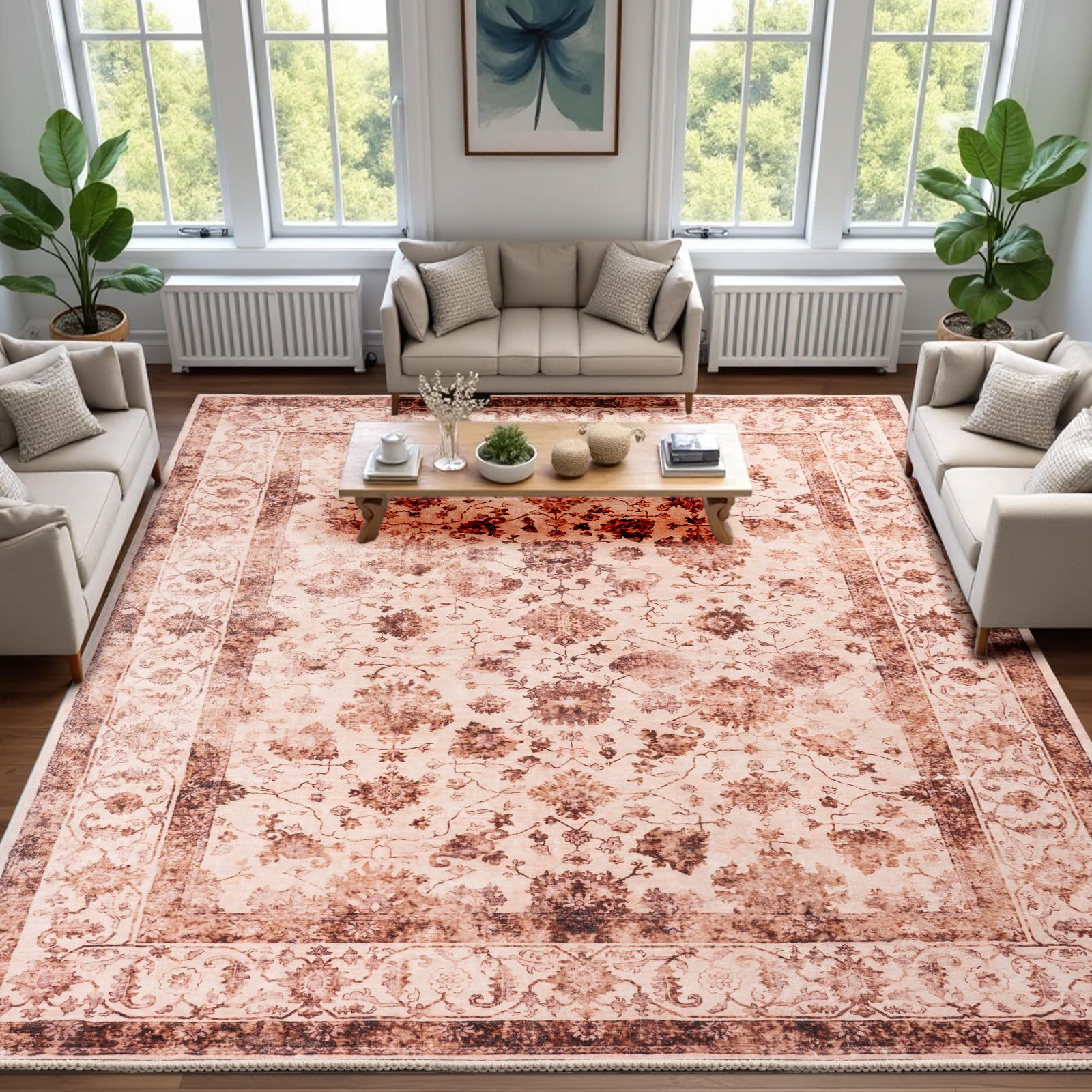Washable Area Rugs Door Mat Entryway Vintage Floral Non-Slip Low Pile Entrance Thin Rug Carpet for Kitchen Bathroom Living Room Pink