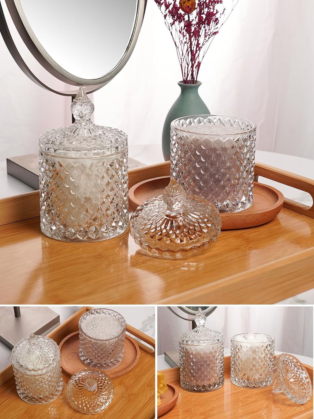 Cute Glass Apothecary Jars with Lid, Pink Cotton Ball Pad Round Container Holders and Vanity Canister Storage Jar for Makeup Sponges, Floss, Hair Accessories 2 Pack