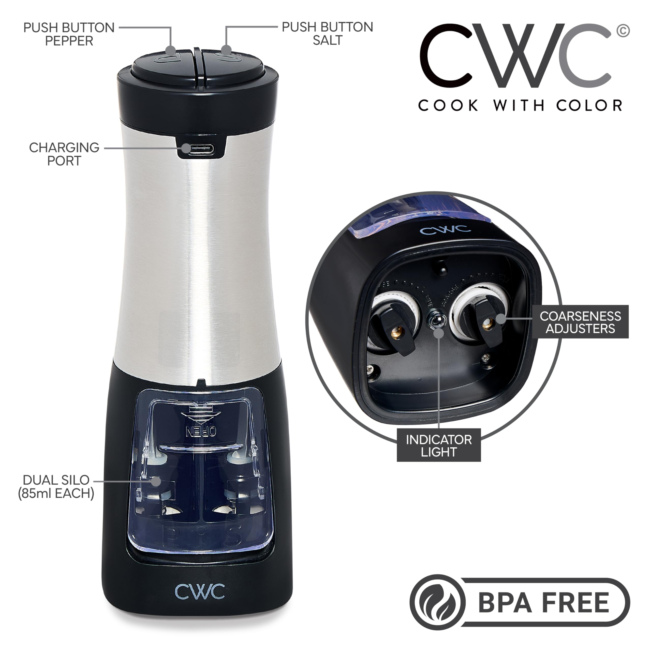 Rechargeable Salt & Pepper Shaker - 2-in-1 Grinders for Salt and Pepper