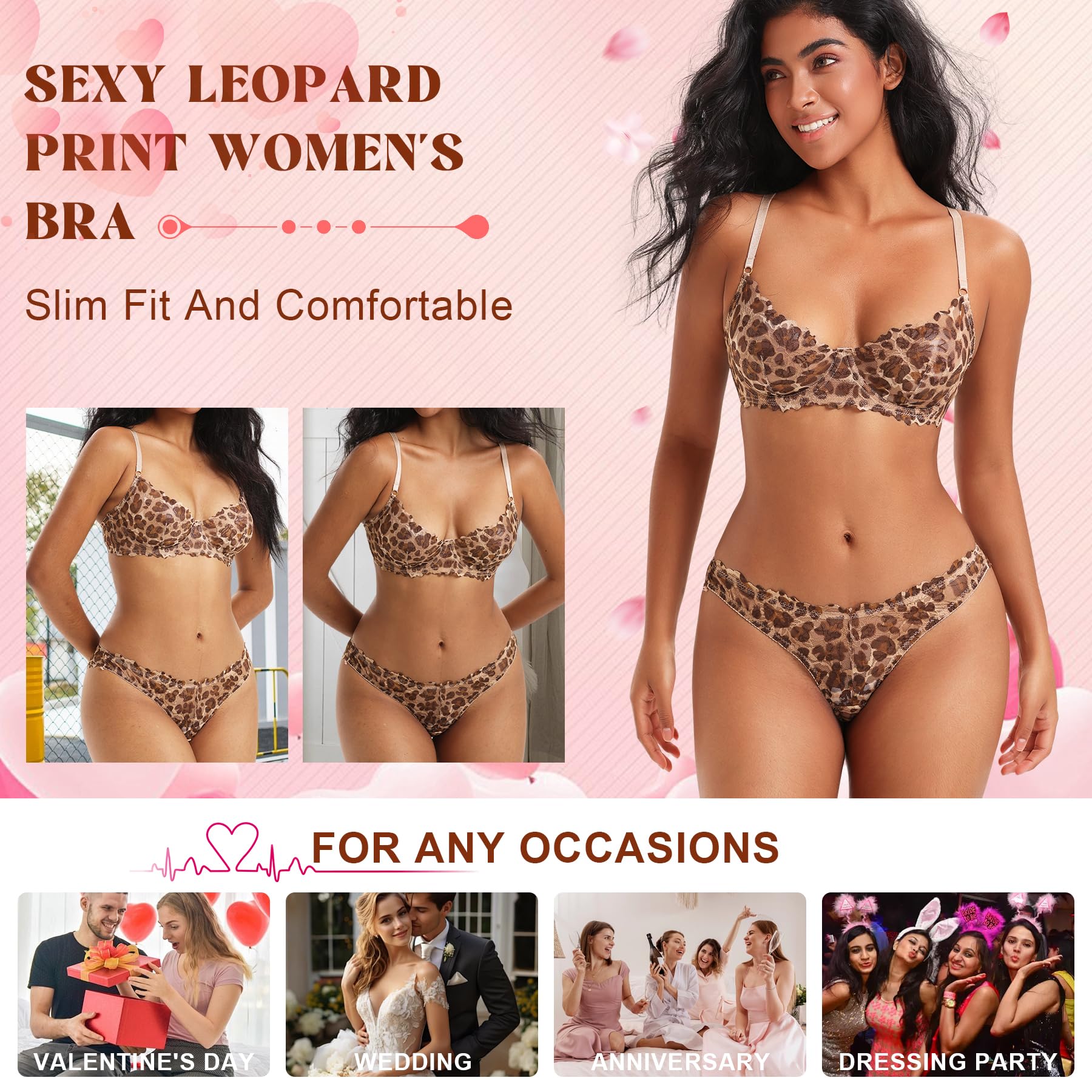 Sheer Lingerie Set for Women Leopard Print Underwire Lace Push Up Bar Matching Bra and Panty Set