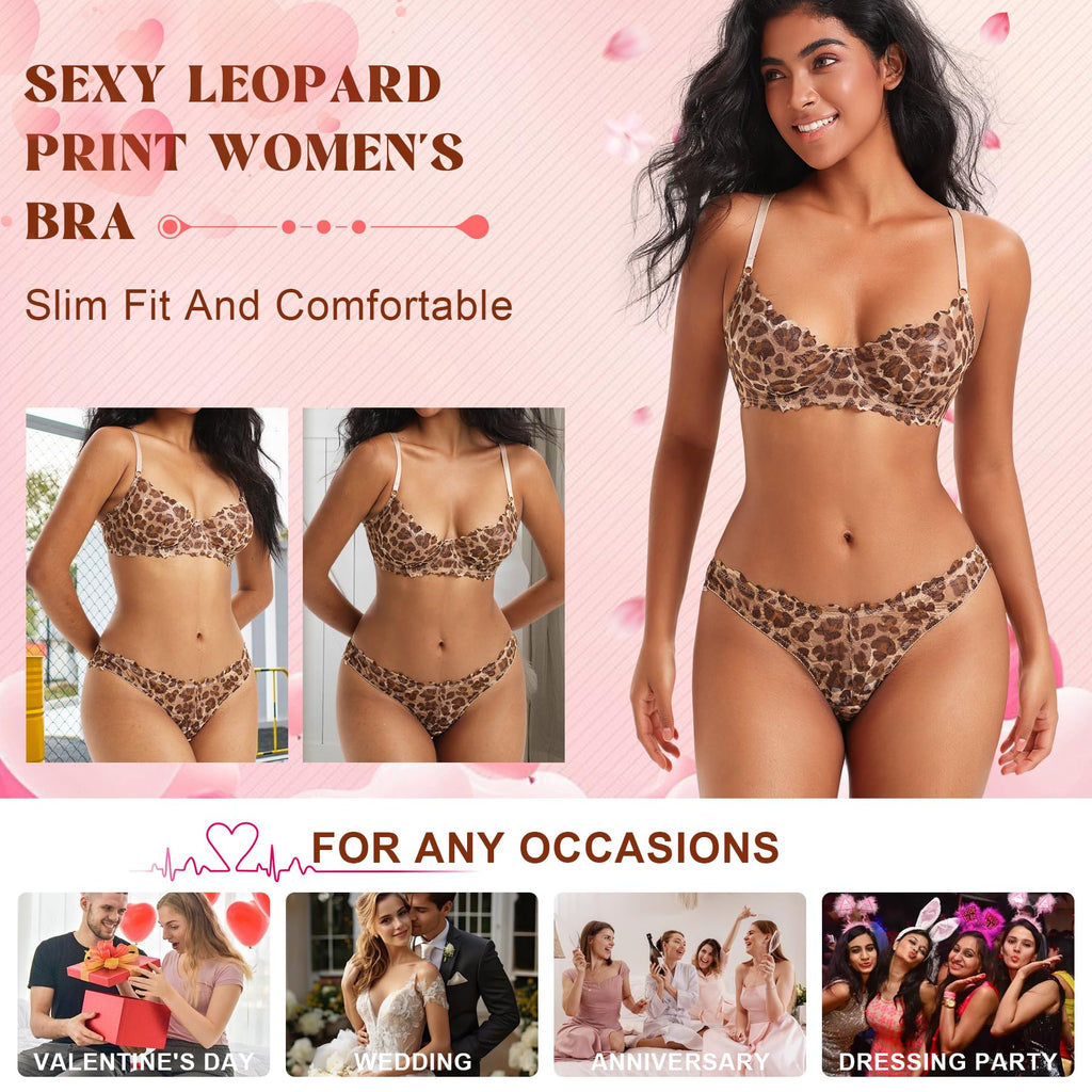 Sheer Lingerie Set for Women Leopard Print Underwire Lace Push Up Bar Matching Bra and Panty Set